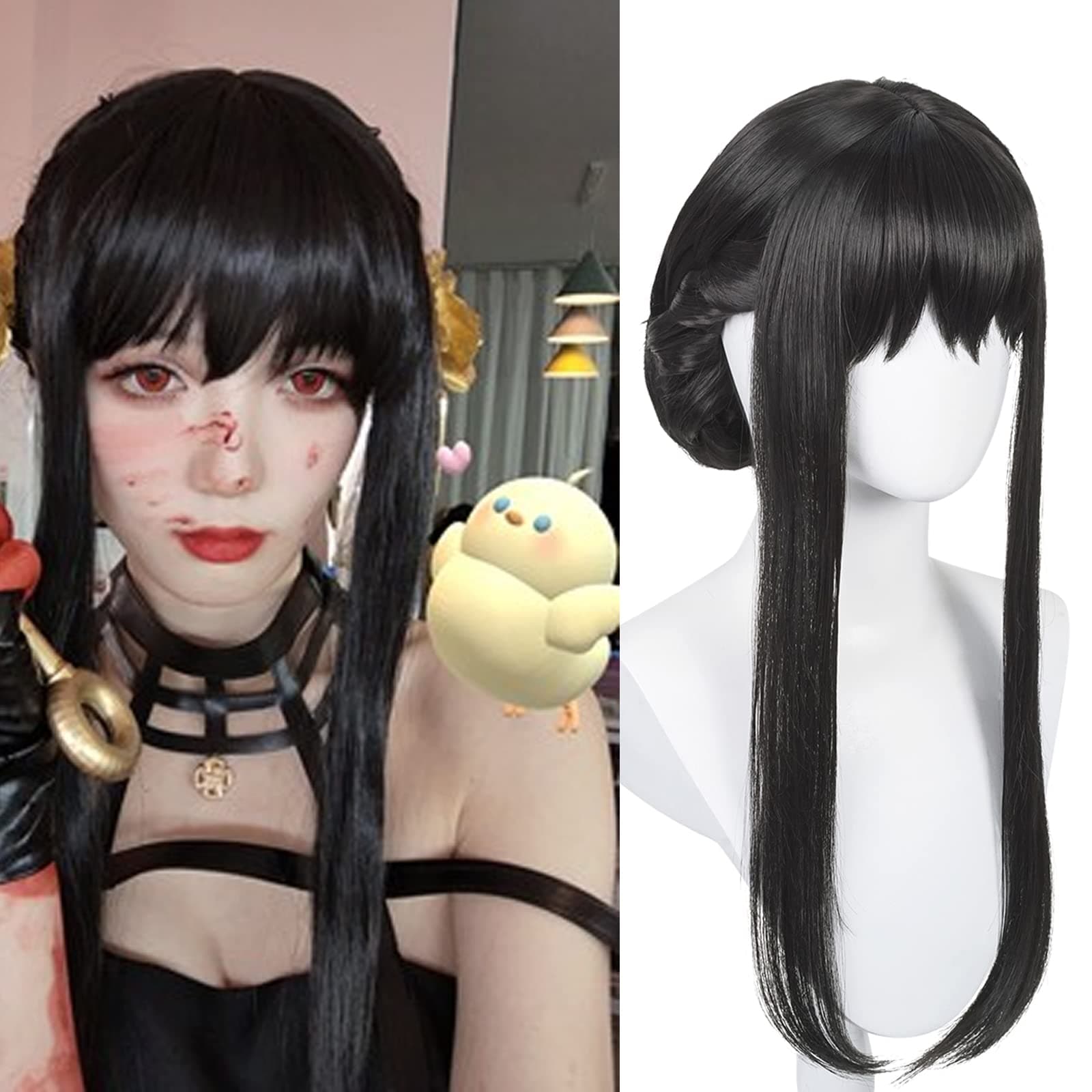 Long Black Anime Cosplay Wig with Bangs & Bun Pre-styled Thorn Princess Killer Costume Wigs Synthetic Hair + Wig Cap for Halloween Party