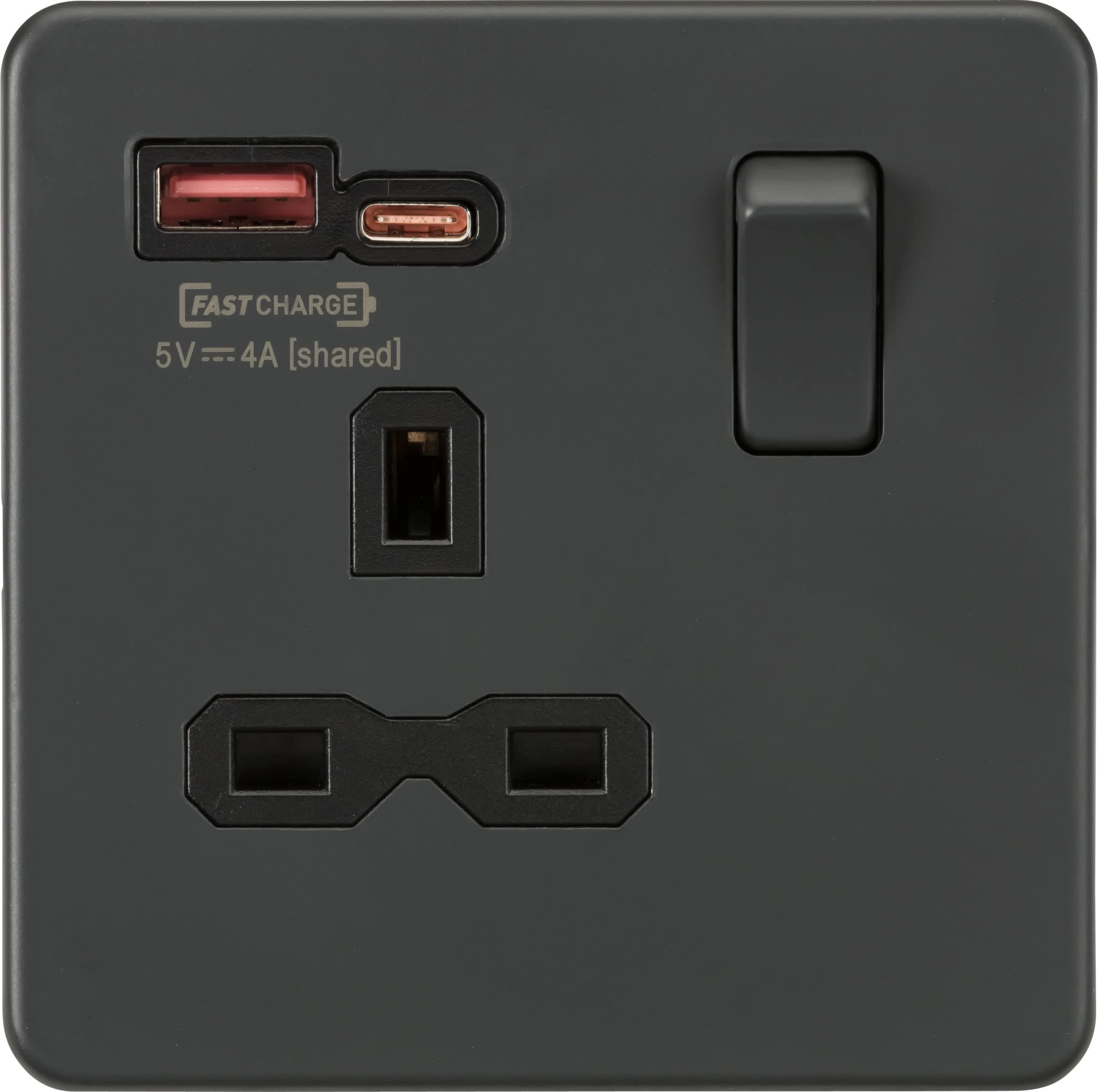 – Screwless Indoor 1G SP Switched Outlet With Dual USB A+C