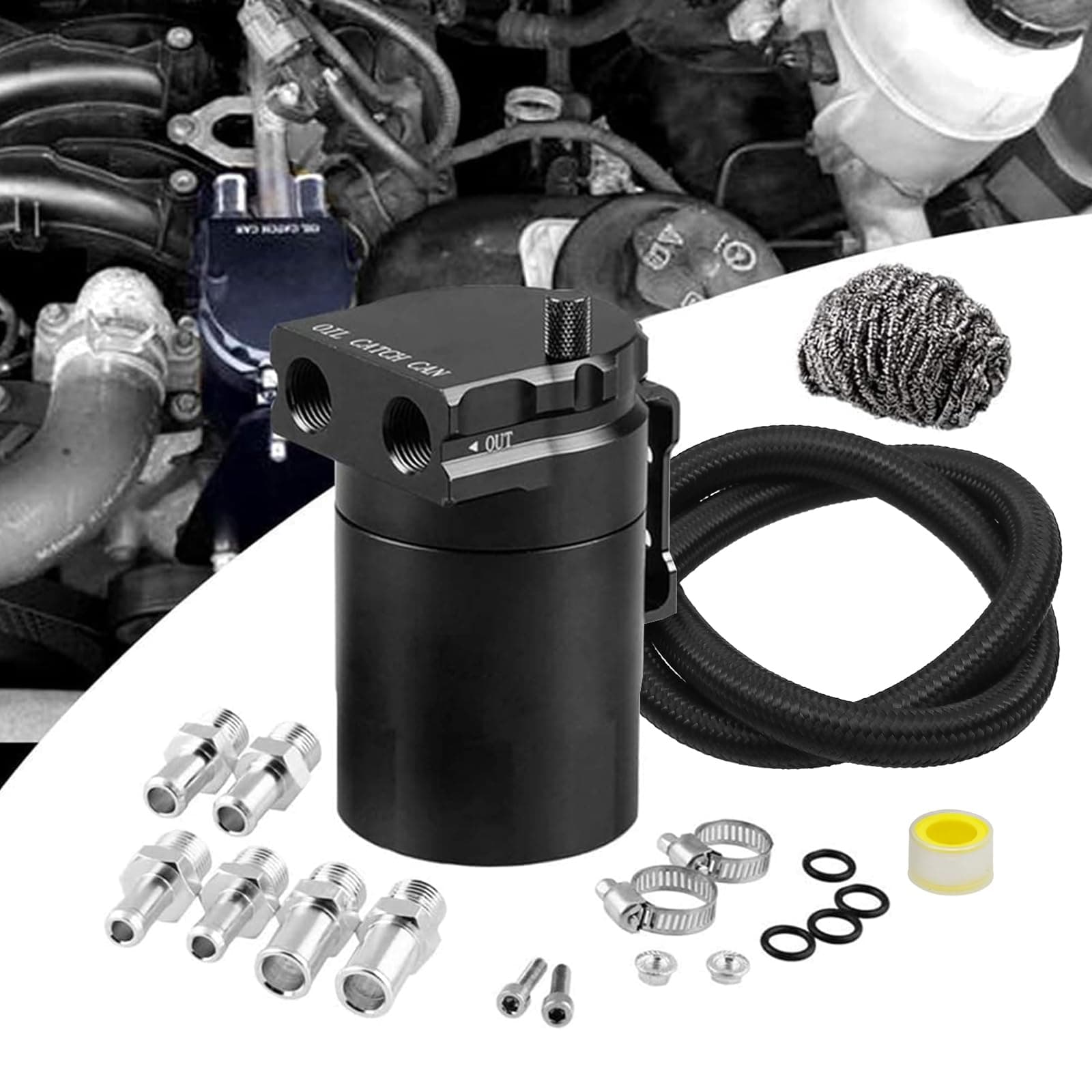 RULLINE Universal 350ml Oil Catch Can Tank 0046 Aluminum Polish Baffled Reservoir Black