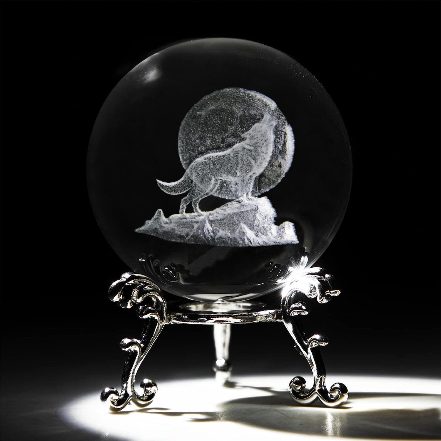 Vskikris 60mm 3D Howling Wolf Crystal Ball With Stand - Laser Moon Wolf Figurine Glass Sphere Table Decor Paperweight Craft