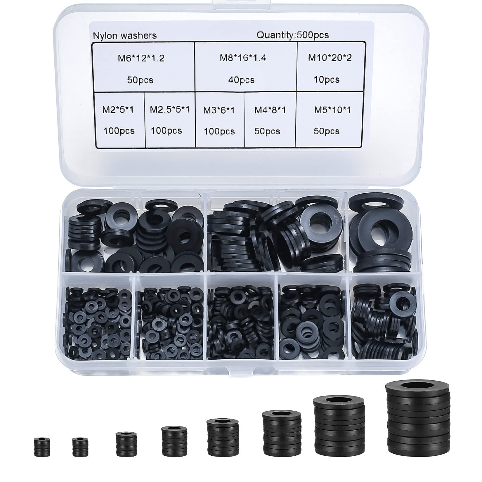500 pieces black nylon gaskets, plastic flat O-ring gasket, round faucet gasket assortment for pipes, faucets, mechanical repair - M2/M2.5/M3/M4/M5/M6/ M8/M10