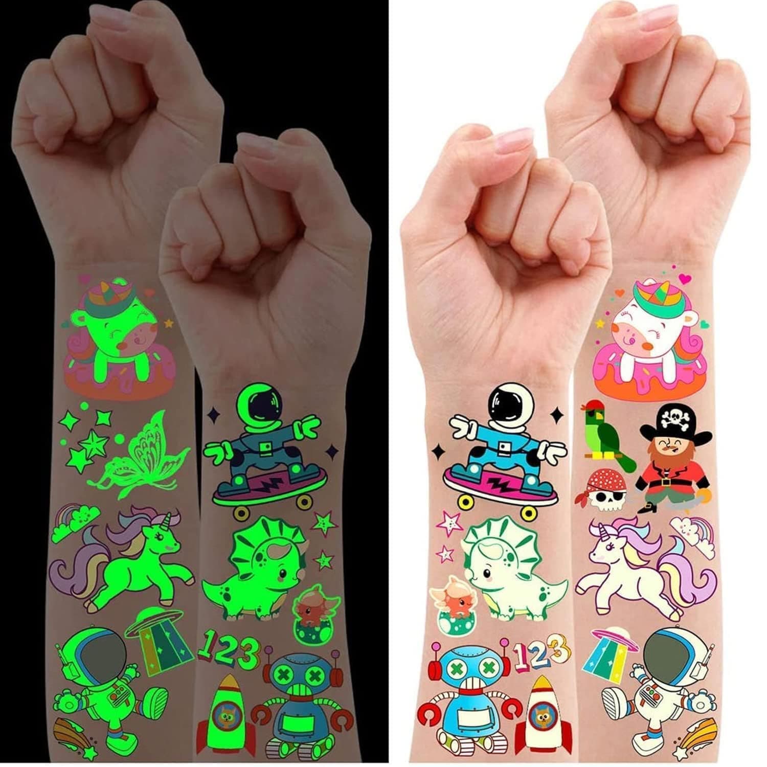 Leesgel Party Bag Fillers for Kids, 380 Styles(30 Sheets) Luminous Temporary Tattoos Stickers for Children Birthday Party Favours, Girls Boys Toys Games Stuff Supplies Decorations