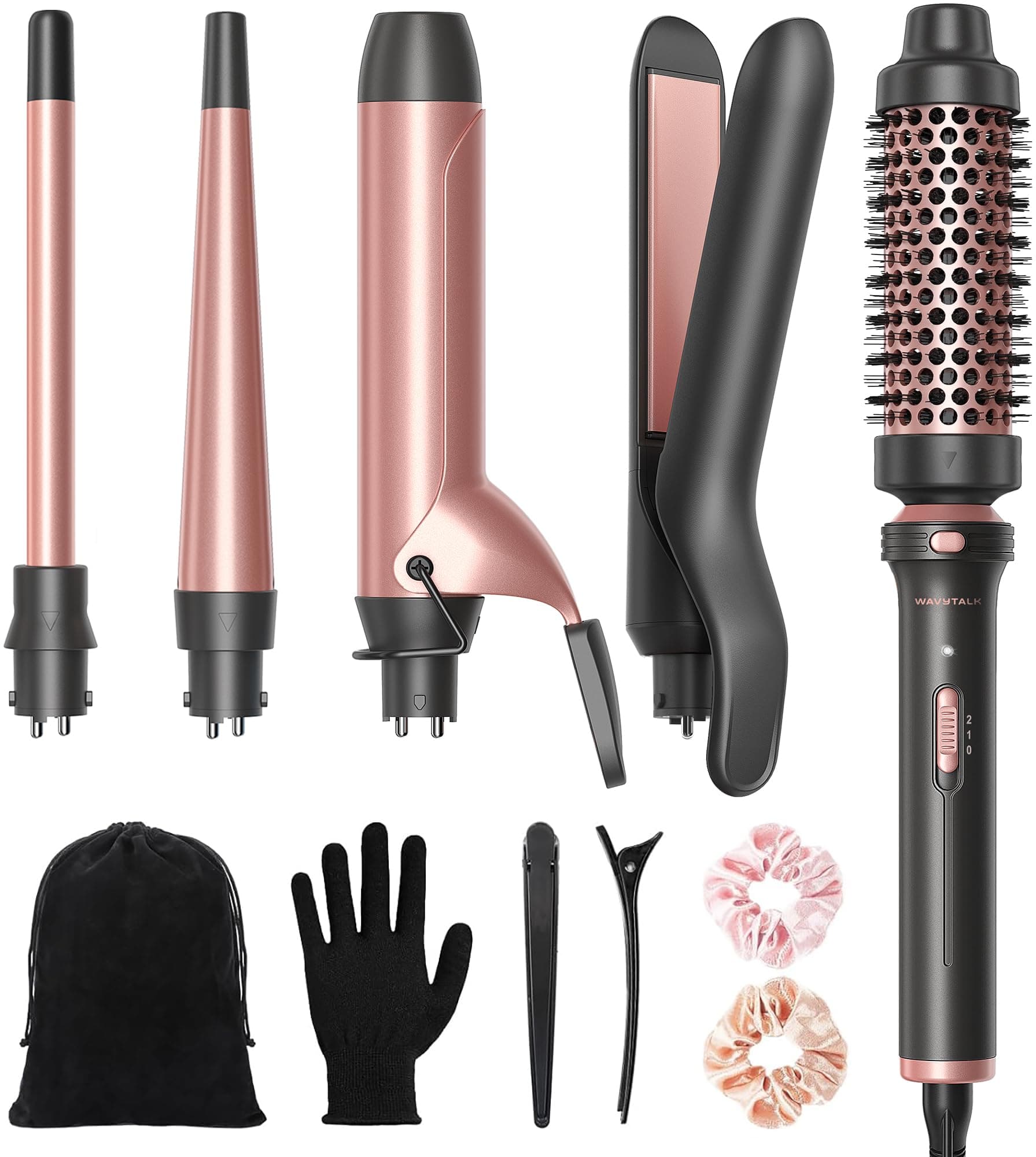 Wavytalk 5 in 1 Curling Iron Set with Thermal Brush and 4 Interchangeable Ceramic Curling Wands (0.5'-1.25'), Instant Heat Up Hair Curling Iron, Rose Gold