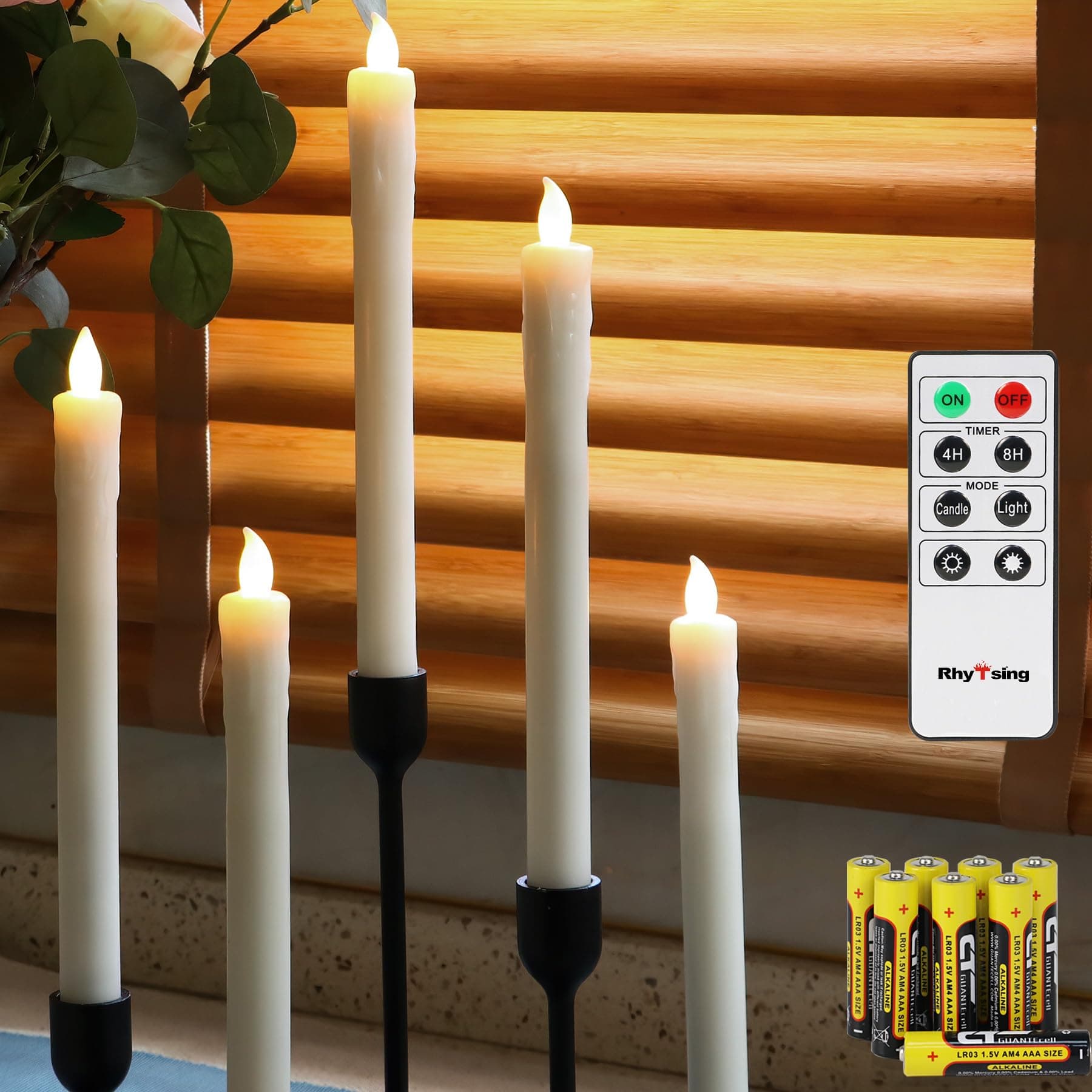Rhytsing Set of 5 Ivory Battery Operated Taper Candles with Remote, LED Dinner Candles, Push Button, Dripping Wax Finish, Warm White Light, Batteries Included