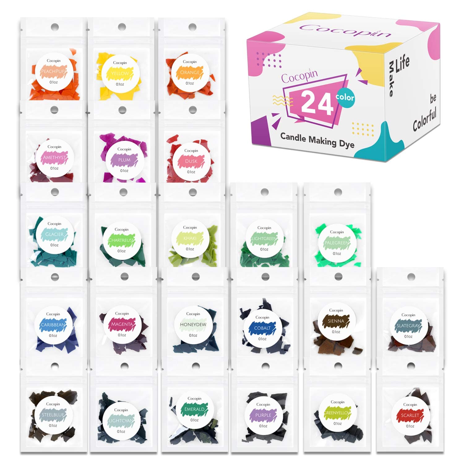 Color Candle Making Dye Kit, 24 Coloring Chips for Paraffin and Soy Wax Base Molds, Bright, Easy Melting and Mixing Colored Flakes, Non-Toxic DIY and Homemade Craft Supplies, 0.1oz Per Bag