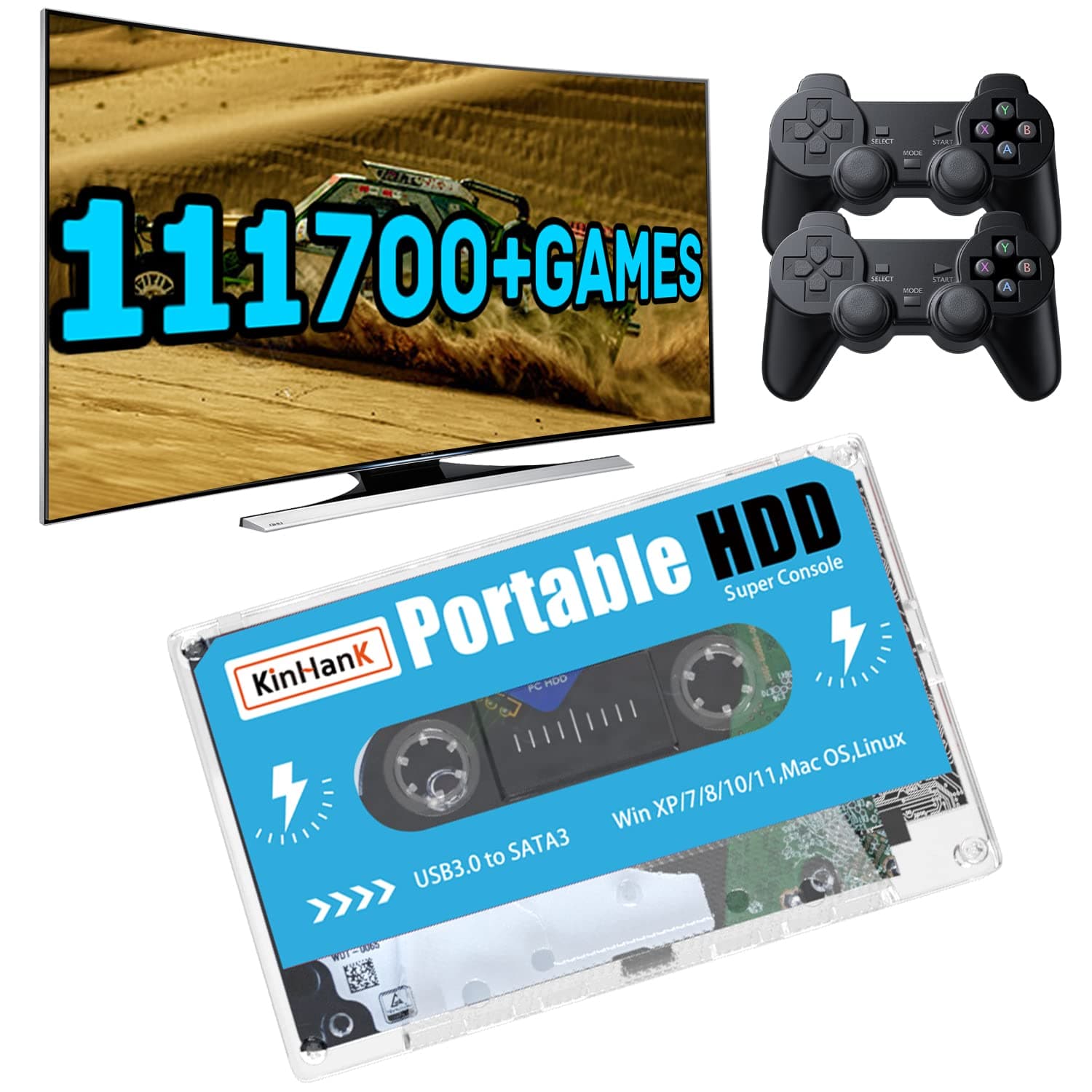 Kinhank 500G HDD External Hard Drive with Batocera 33 System, Retro Game Console with 111700 Games, Compatible with Most Emulators,SATA 3.0, for Laptop/PC/Windows/Mac OS