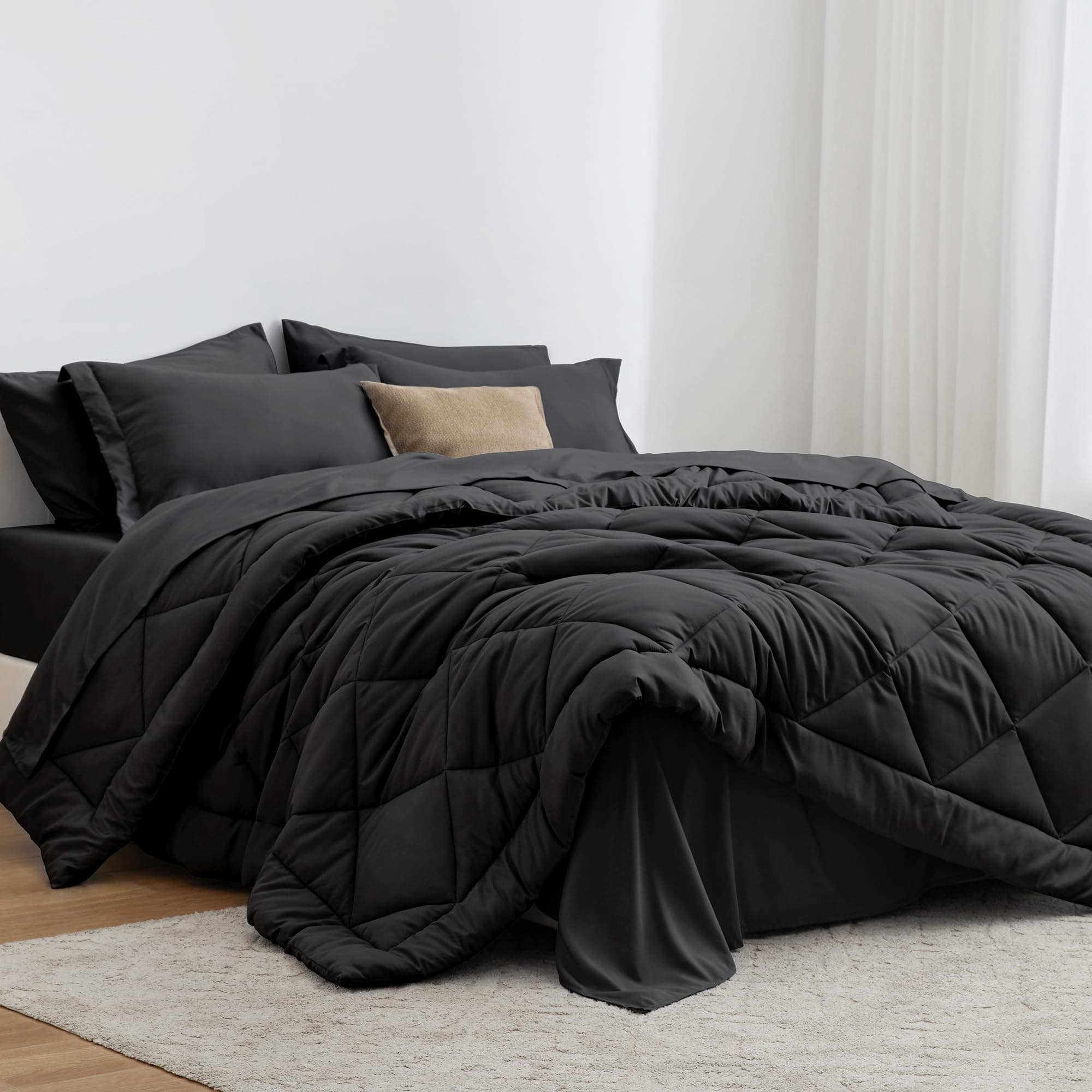 Love's cabin Full/Queen Comforter Set Black, 7 Pieces Queen Bed in a Bag, All Season Full/Queen Bedding Sets with 1 Comforter, 1 Flat Sheet, 1 Fitted Sheet, 2 Pillowcase and 2 Pillow Sham