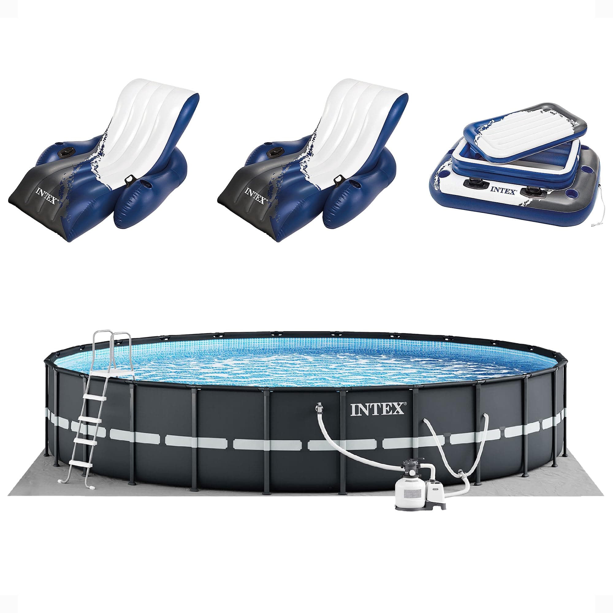 Intex 26339EH Ultra XTR 24ft x 52in Above Ground Swimming Pool Set with Sand Filter Pump, Inflatable Lounge Pool Recliners (2-Pack) and Inflatable Beverage Cooler