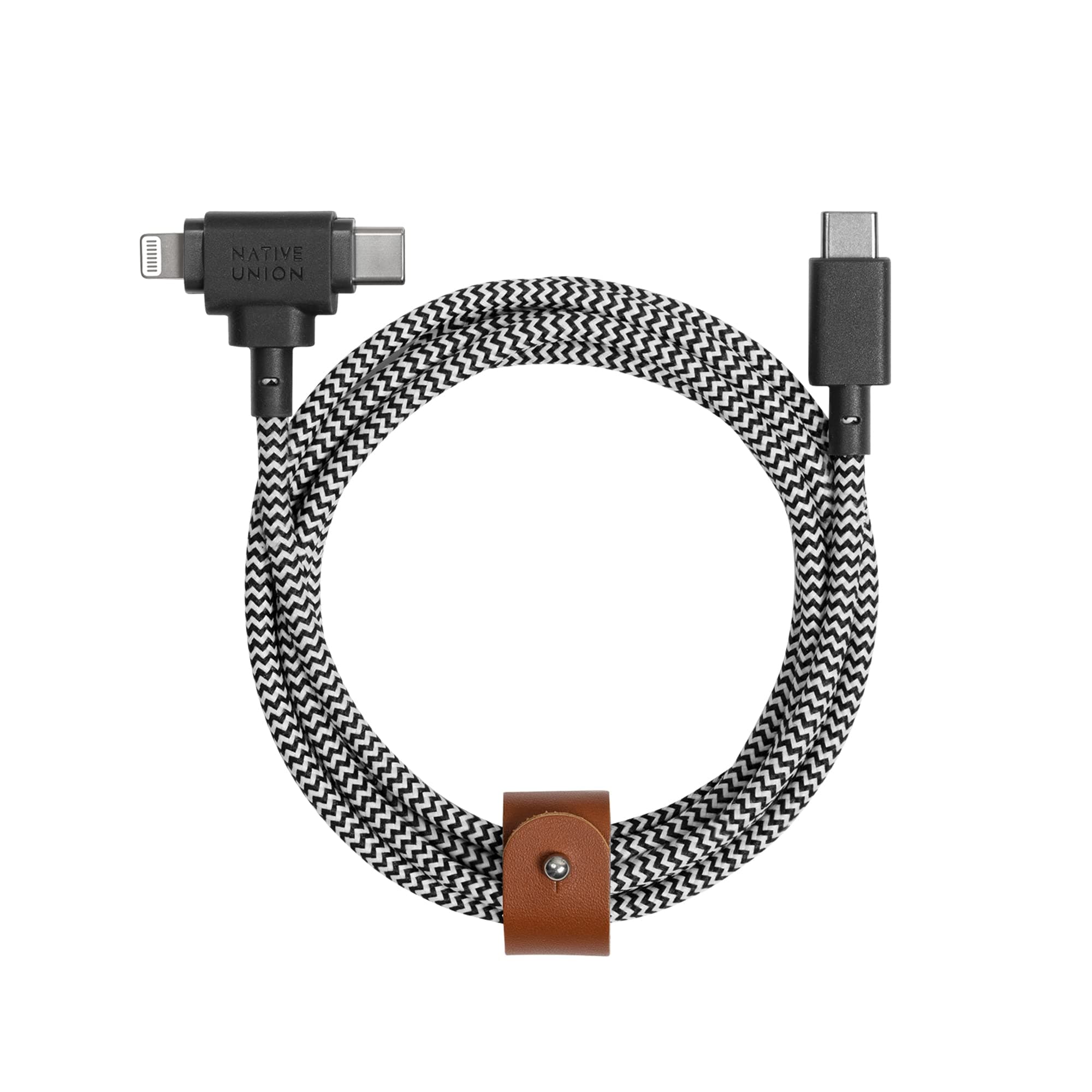Belt Cable Duo – 5ft Ultra-Strong Braided Universal Charging Cable – Made with Recycled Materials – 2-in-1 Multi-Device MFi Certified Connectors for Lightning & Type-C Devices (Zebra)