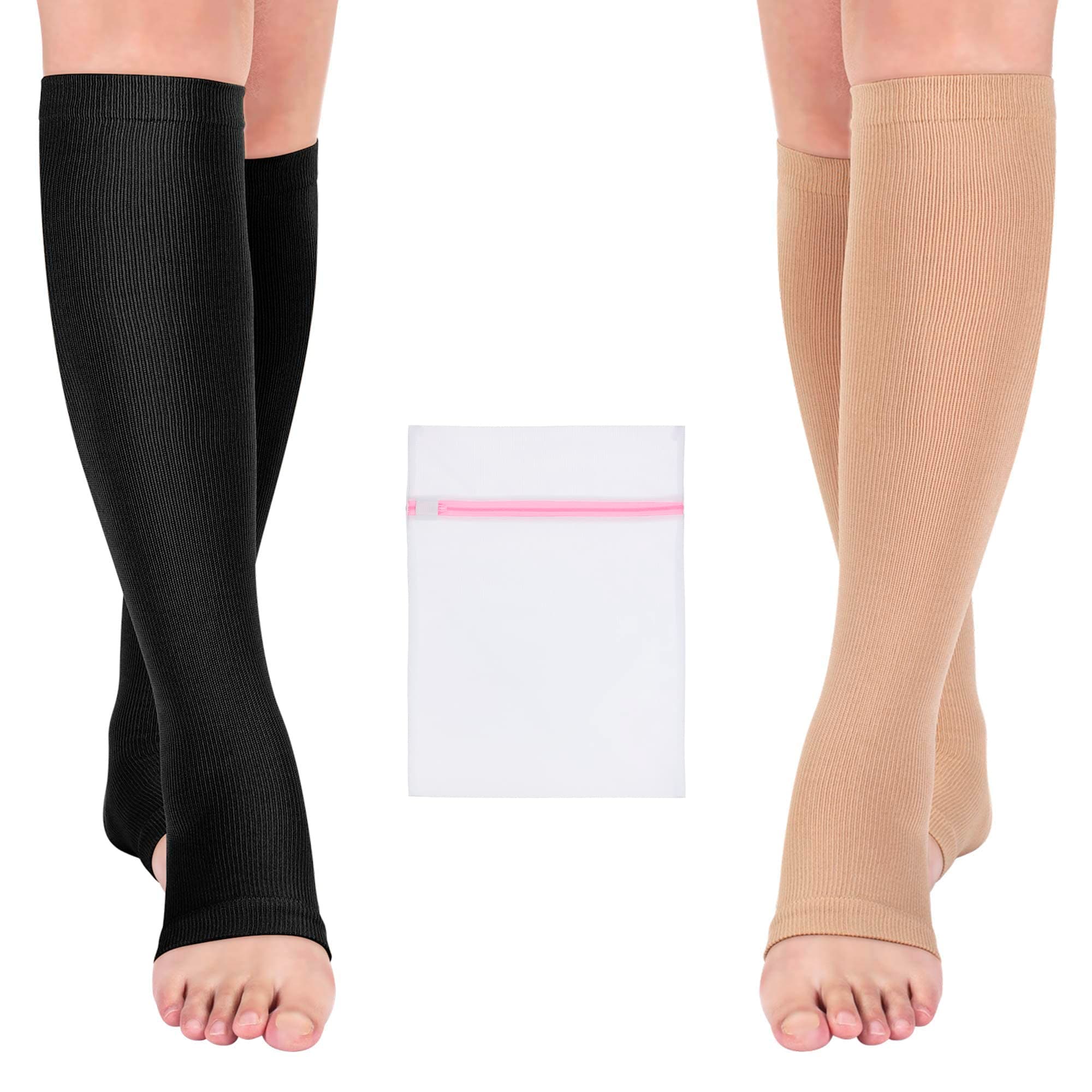 BISLINKSOpen Toe Medical Compression Socks for Women & Men Flight Running Pregnancy Travel Work Varicose Veins S/M/L/XL/XXL (2 Pair) with Laundry Bag (S-M)