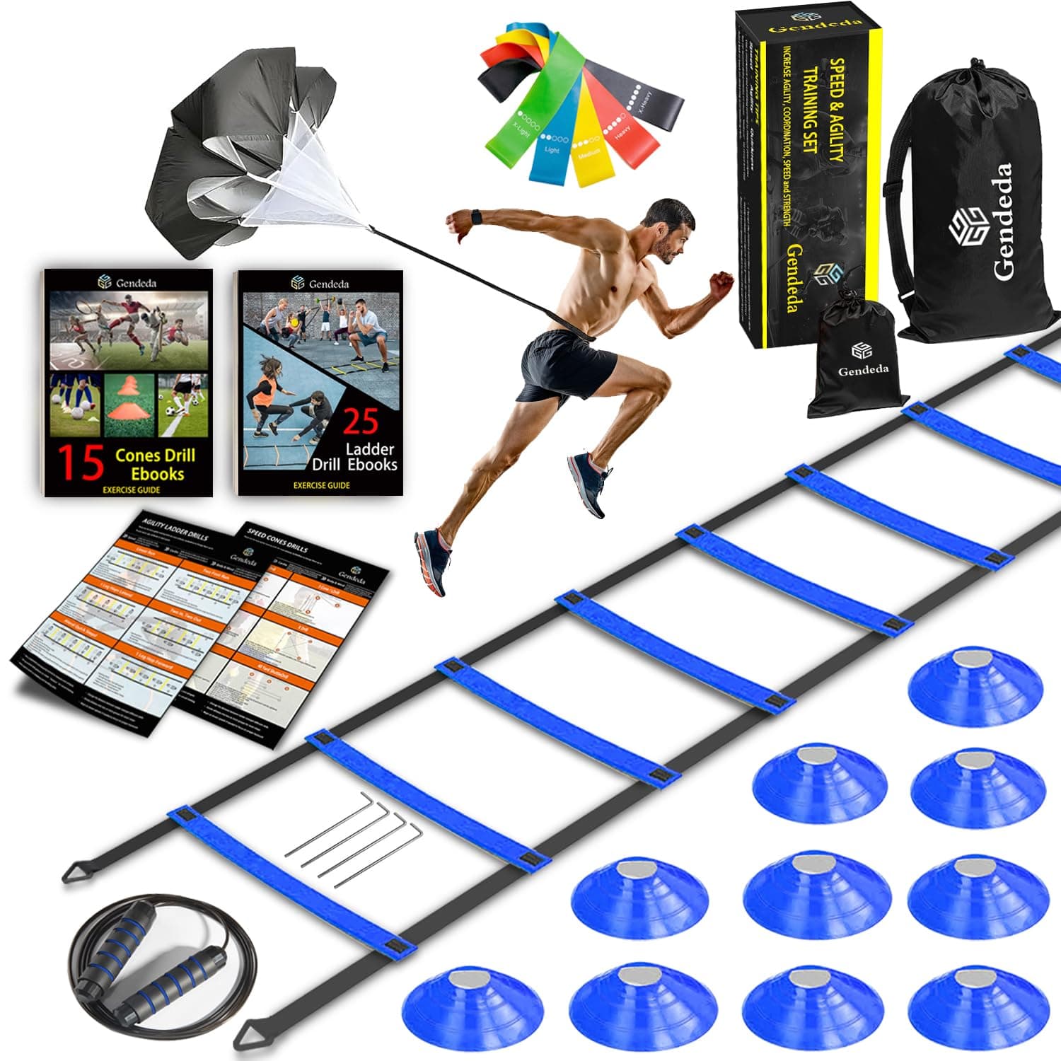 Speed Agility Training Set, Includes Agility Ladder, Jump Rope, Resistance Parachute, 5 Resistance Bands, 10 Cones, Speed Training Equipment for Soccer Football