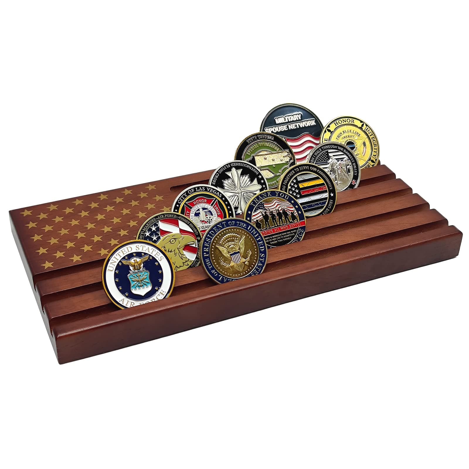 - Challenge Coin Display Wooden Army Collectible Coins Holder 6 Row Display American Flag