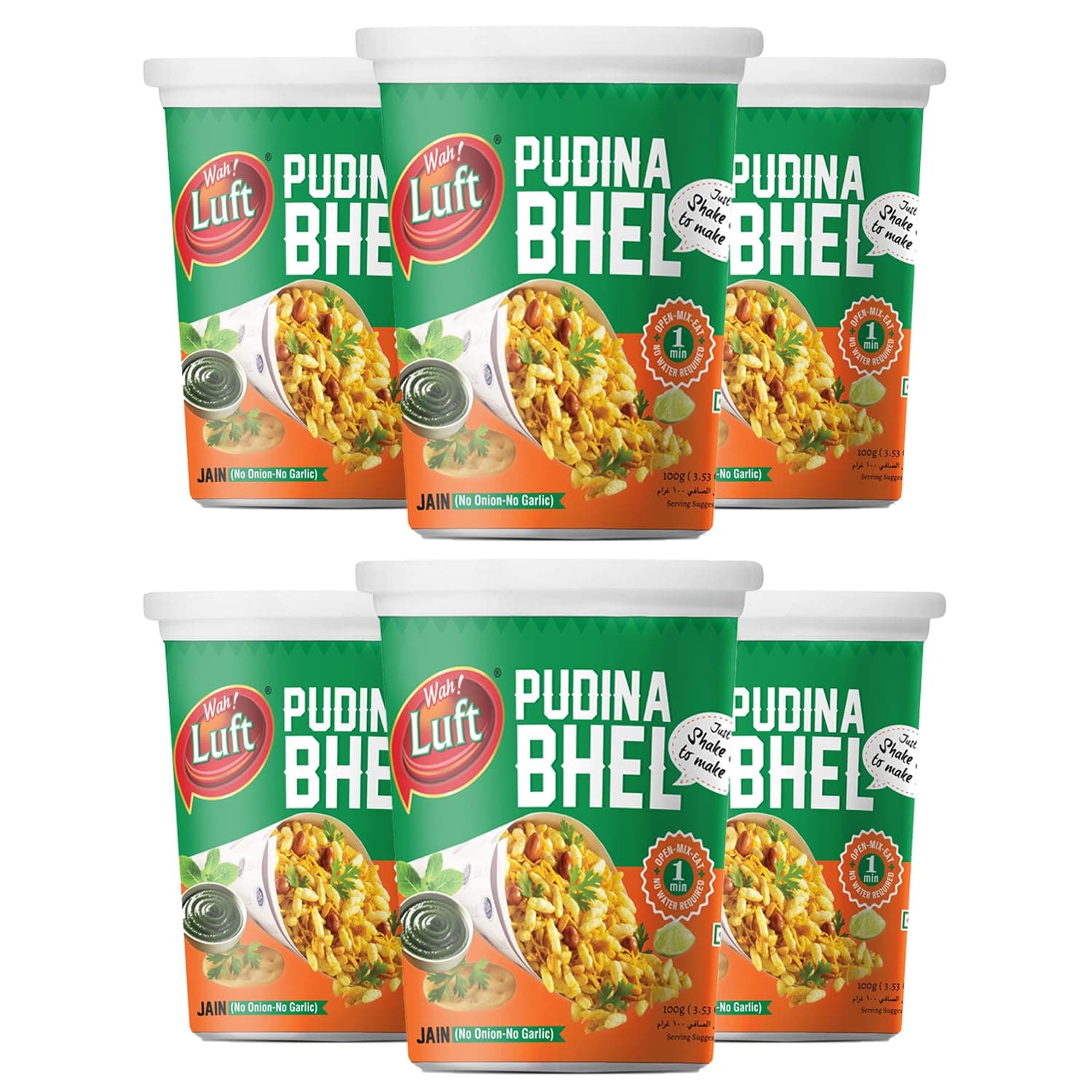 Wah Luft Instant and Delicious Phudina Bhel Puri Cup (Jain), Namkeen, Snacks, Ready to Eat, Chutney Inside, Chaat Special- 100g (Pack of 6)