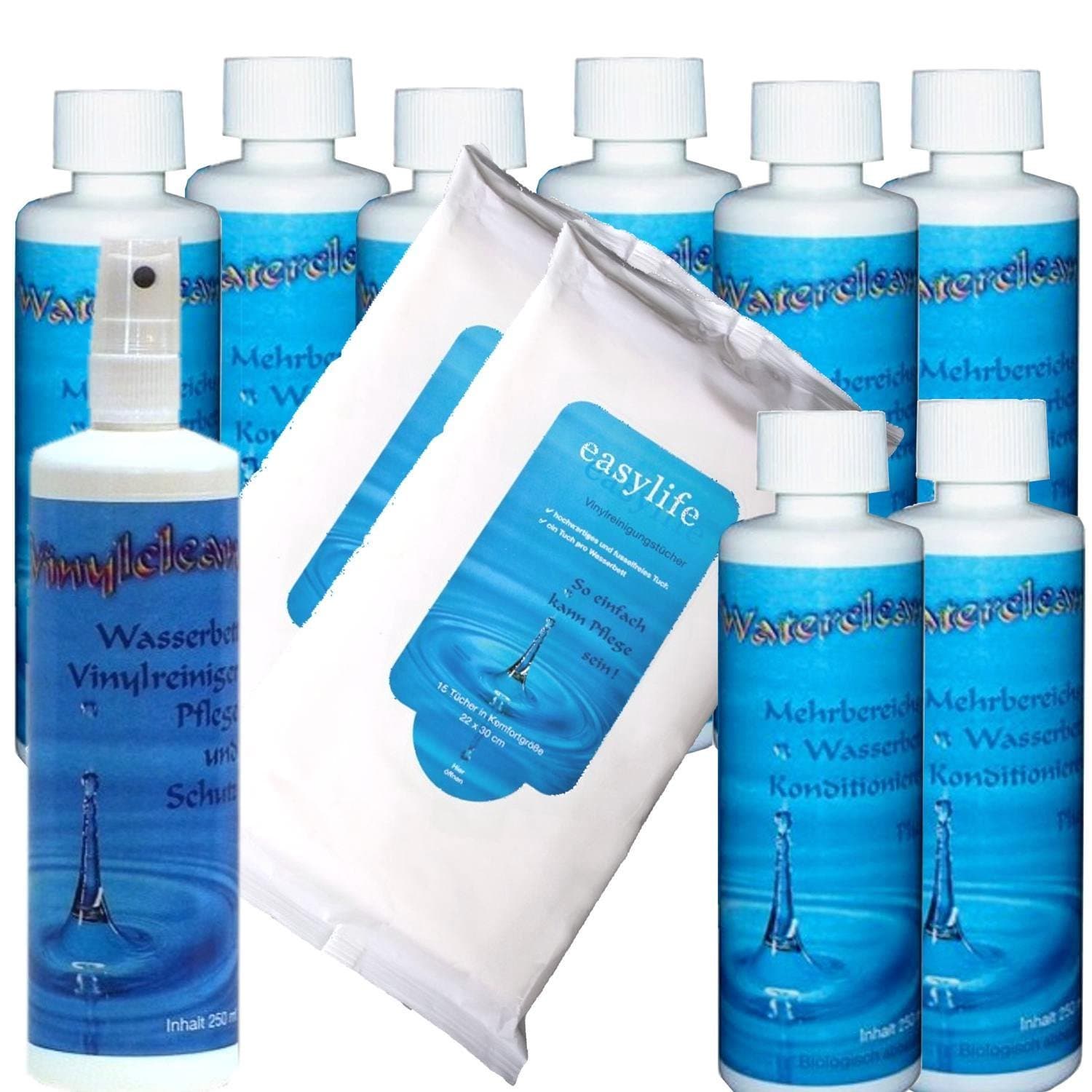 Waterbed Cleaning Solution – Water Clean Conditioner 3 x 250 ml and Vinyl Cleaner 1 x 250 ml and Clean Easylife Vinyl Cleaning Cloths Pack of 2 x 15 – Care for Water Beds
