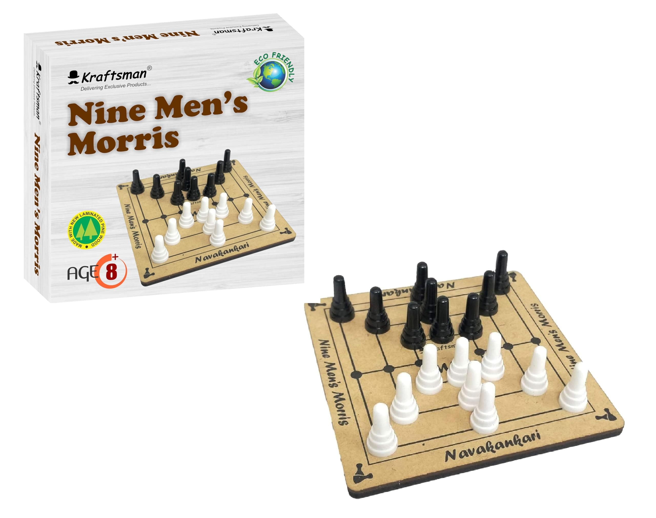 Nine Men’s Morris Wooden Strategy Board Game | Classic 2 Player Brain Game | Travel Friendly Wooden Board with 18 Pawns| Family Game for Kids & Adults | Navakankari | Daadi | Mills