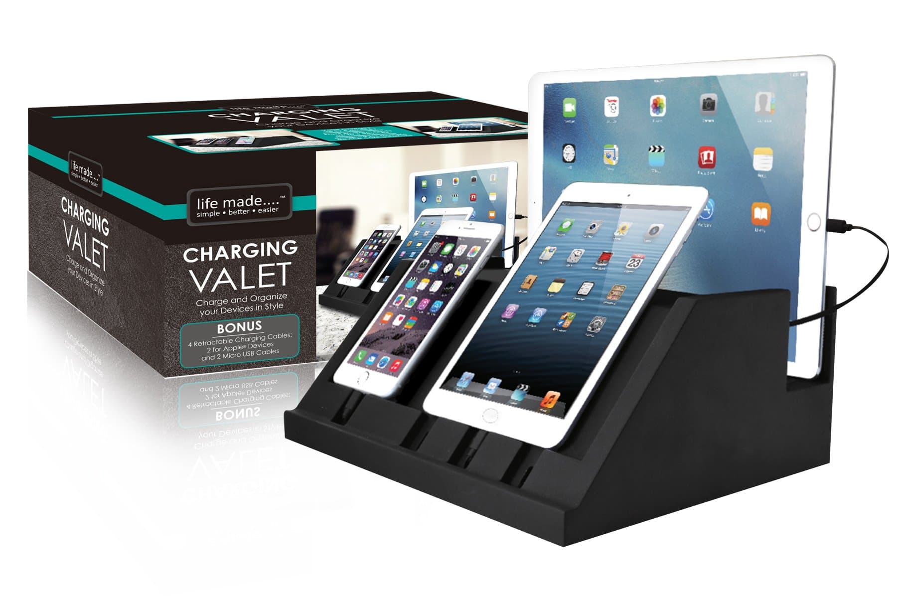 Life Made LLC 4-Port Charging Valet with Retractable Cords