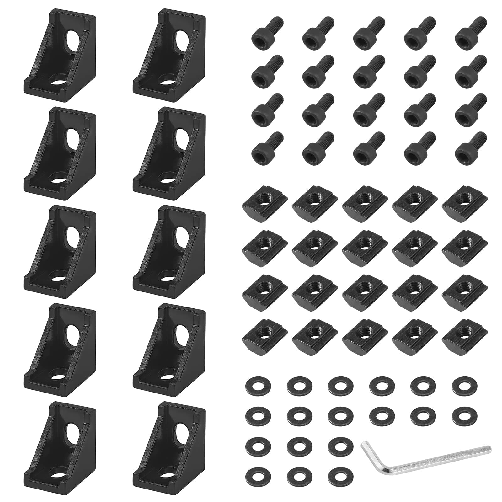 EYPINS 10-Pack 2020 Series Black Aluminum Corner Brackets - 90-Degree L-Shape Extrusion Connectors with M5x10 Hex Bolts & T-Nuts for 2020 Profiles (6mm Slots)