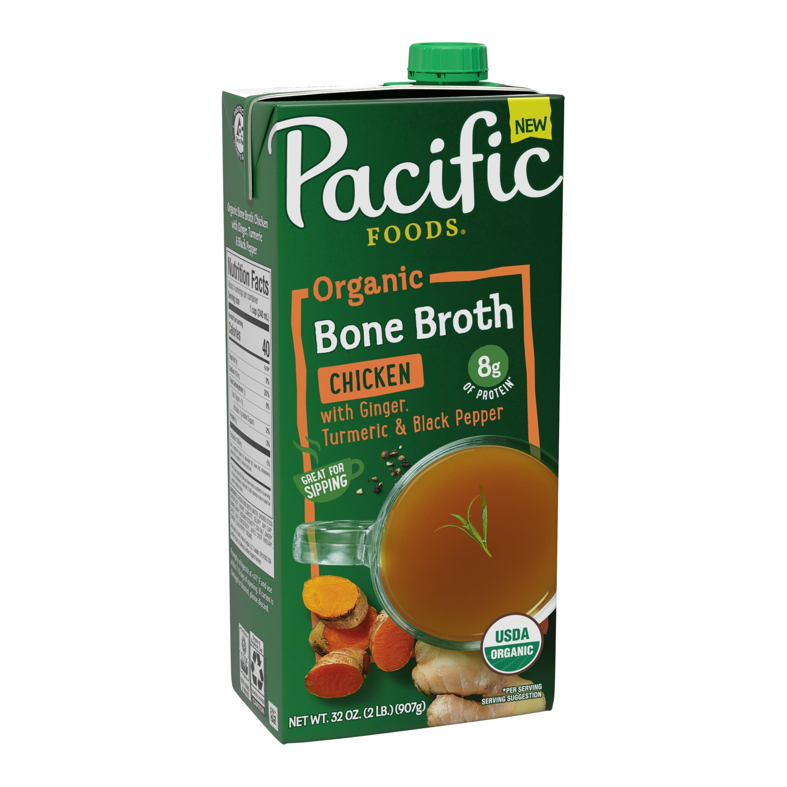 Pacific Foods Organic Chicken Bone Broth With Ginger, Turmeric, and Black Pepper, 32 oz Carton