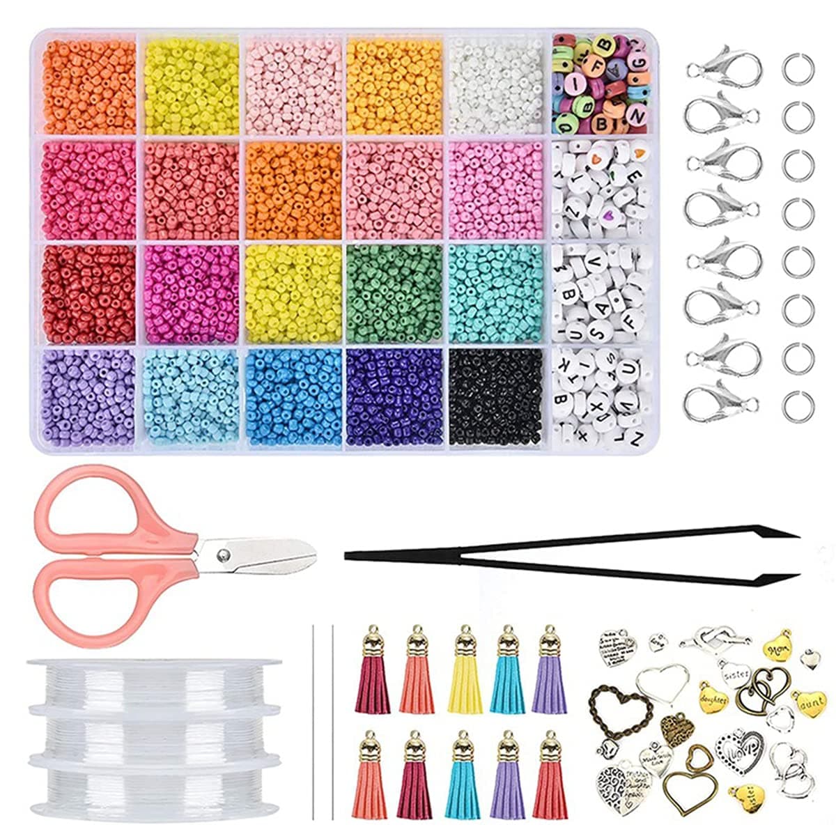 IBAMA Diy Handmade Beads Jewelry Making Kits with 7mm Alphabet Letter Heart Patterns and 3mm Colorful Rice Beads for Necklaces, Bracelets12000pcs, muilt-color