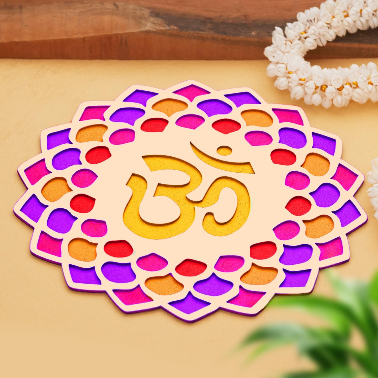 TIED RIBBONS Rangoli Mats for Decoration | 12 Inch | Wooden DIY Floral Easy to Use Rangoli Template | Wooden MDF Rangoli Boards for Festival | Ganesh Chaturthi, Diwali Decoration| Om Design