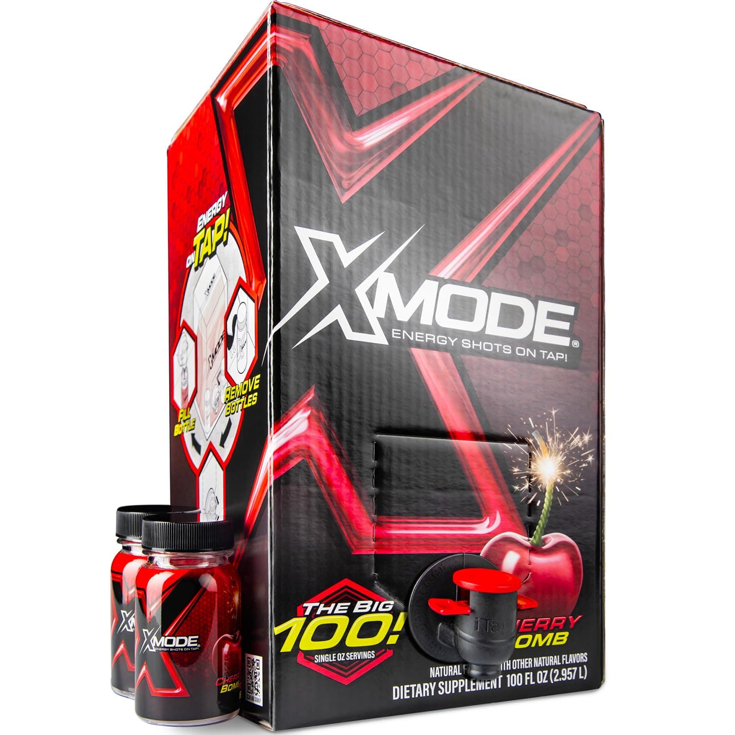 Energy Shots on Tap with Dispenser & 2 Bottles, 100 Servings - Cherry Bomb Flavor Energy Caffeine Shots - Quick Energy Boost Shots with Vitamins B6 & B12, Caffeine - Great Taste, Zero Calories