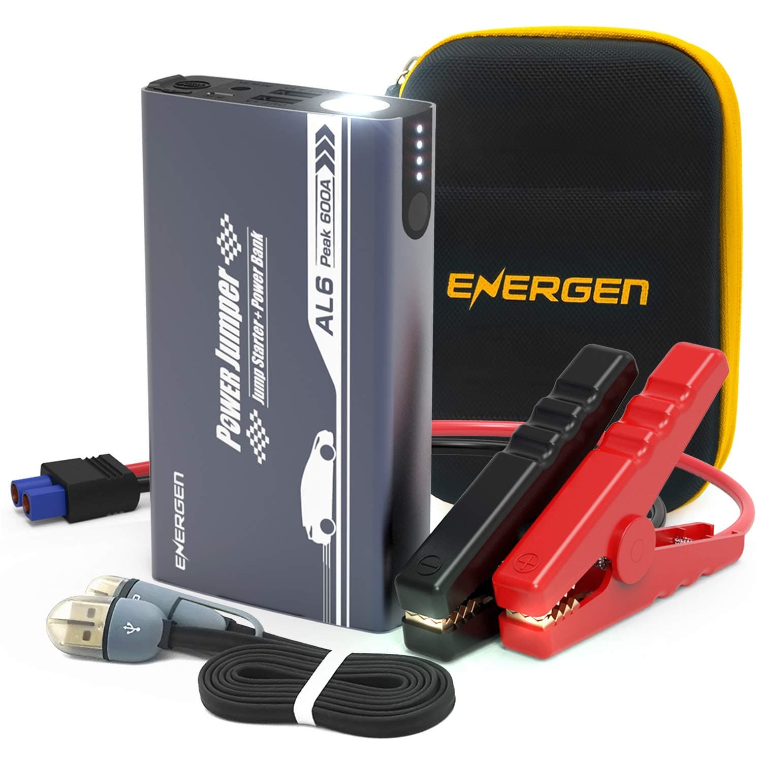 ENERGEN Car Jump Starter AL6 600A Peak 12V for up to 5.0L Gas and 2.5L Diesel Engine Battery Booster with USB Smart Charging Port LED Flashlight UL Certified