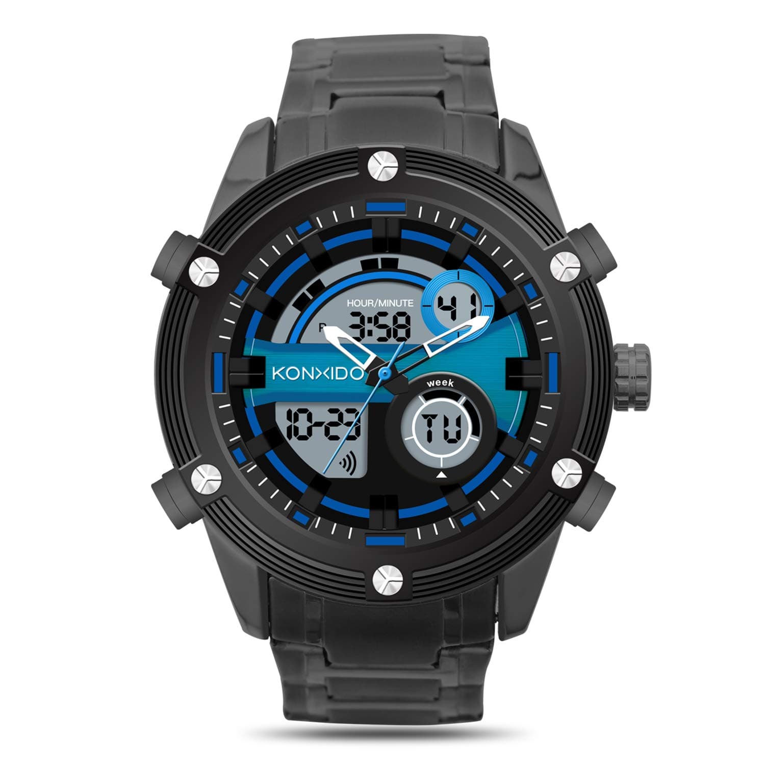 KONXIDO Waterproof Sport Series Men's Auto Calendar Watch with EL Backlight and Alarm Clock Analogue Display and Stainless Steel Strap - Fashion Design Sport Watch Stainless Steel case