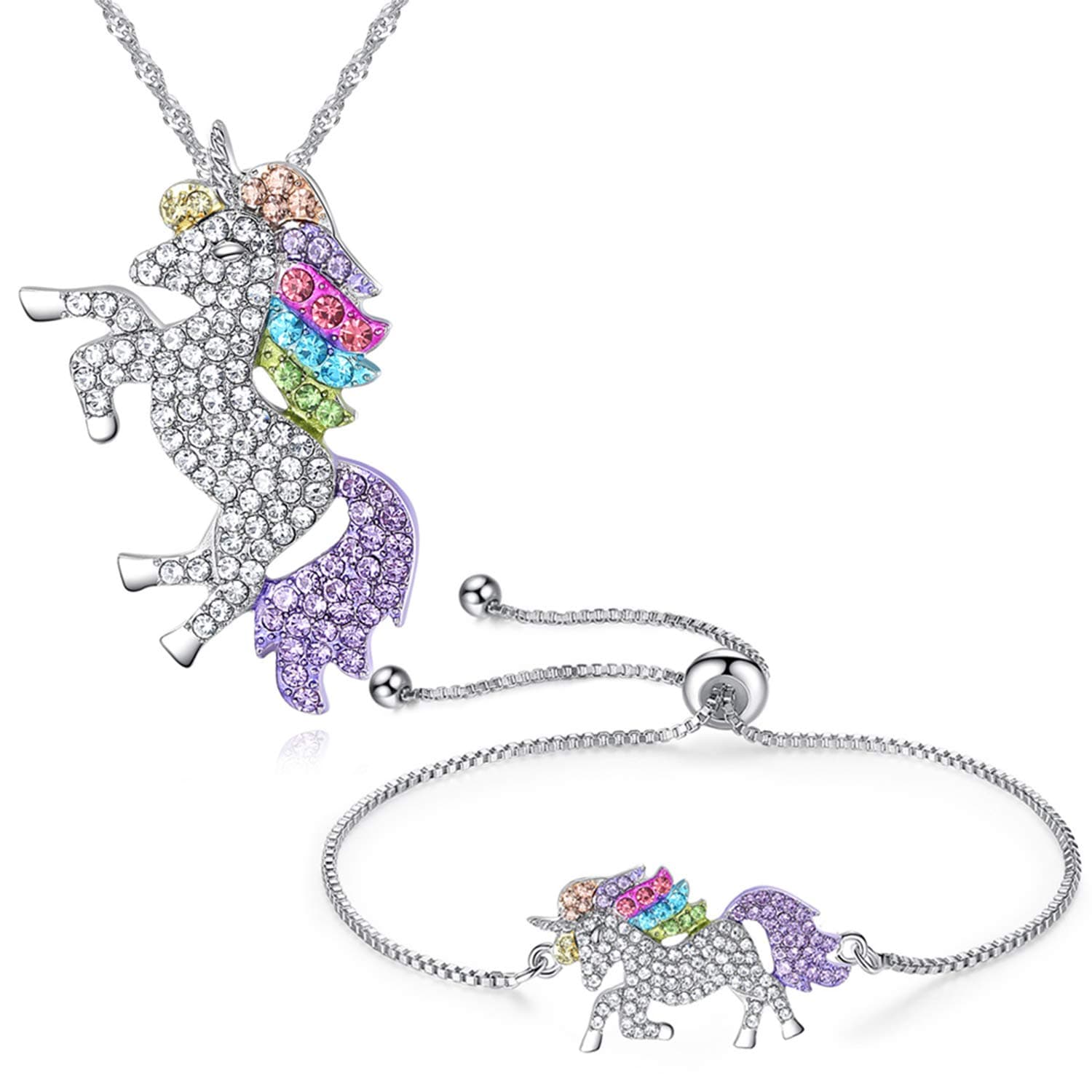 JLJ Rainbow Unicorn Jewelry Set Unicorn Necklace and Unicorn Bracelet Set for Women Girls