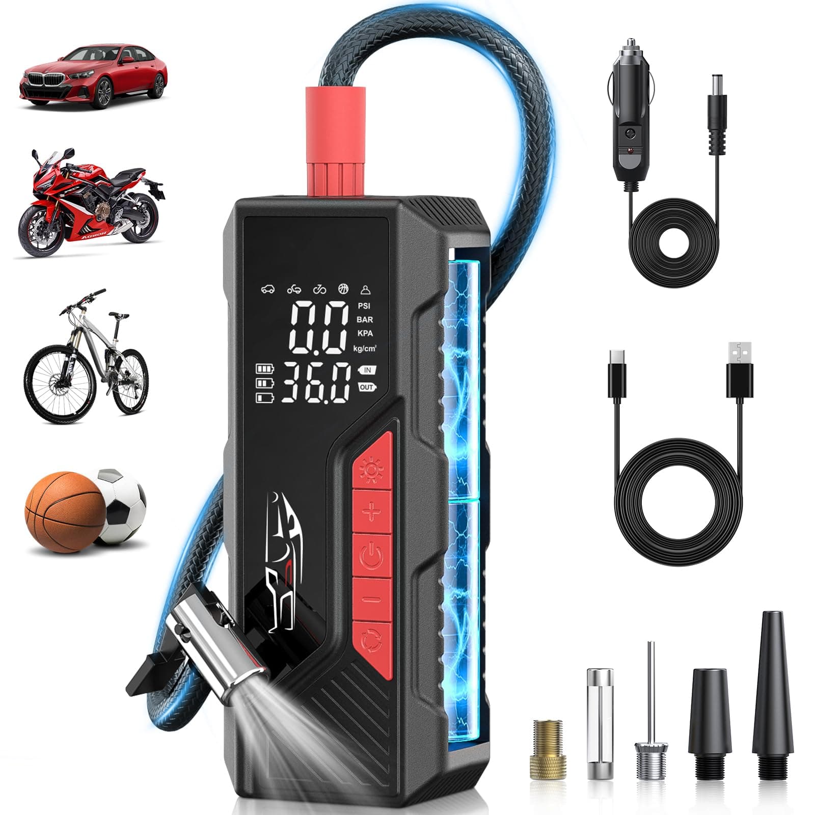 Tire Inflator Portable Air Compressor, Cordless Air Pump for Car Tire 150PSI, Battery & 12V DC, Electric Bike Pump with Pressure Gauge, Auto Shutoff, for Bicycle, Ball, Motorcycle Accessories