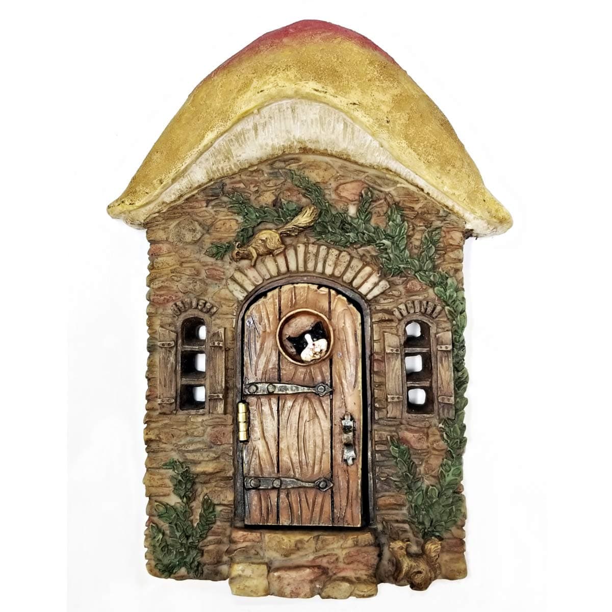 Fairy Garden Door That Opens Mushroom Design with Cat and Squirrel for Miniature Fairy Gardens, Tree Stump, Kids Rooms