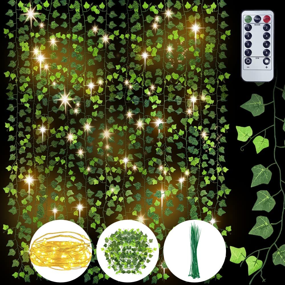 RESCIEN Artificial Plants Ivy Leaf Plants (12 Strands 95 Ft) Vine Hanging Garland with 100 LED String Lights Remote Control Hanging for Home Wedding Party Garden Office Indoor Outdoor Decor