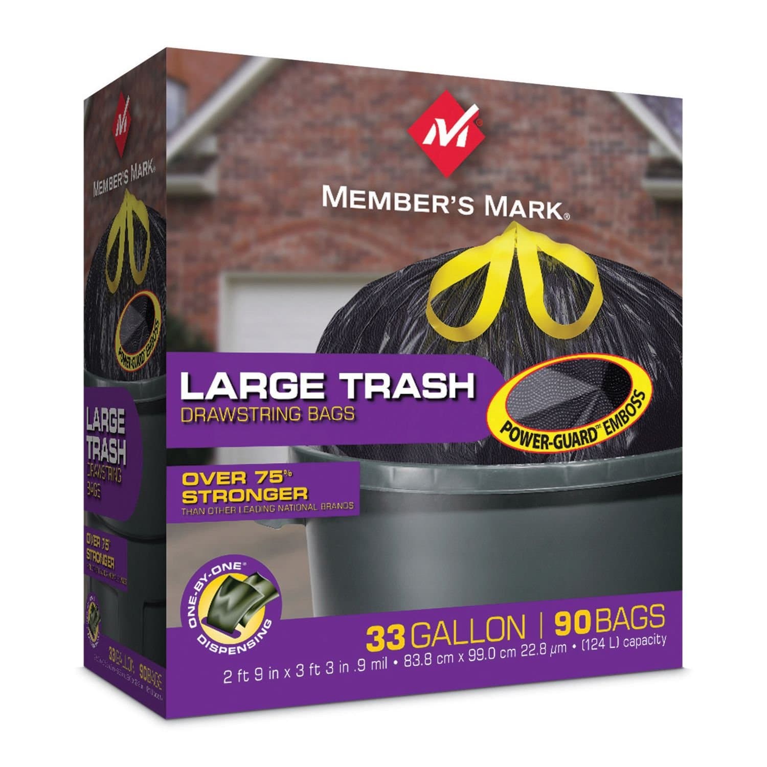 Member Mark 33 Gal. Power-Guard Drawstring Trash, 90 Count (Pack of 12)