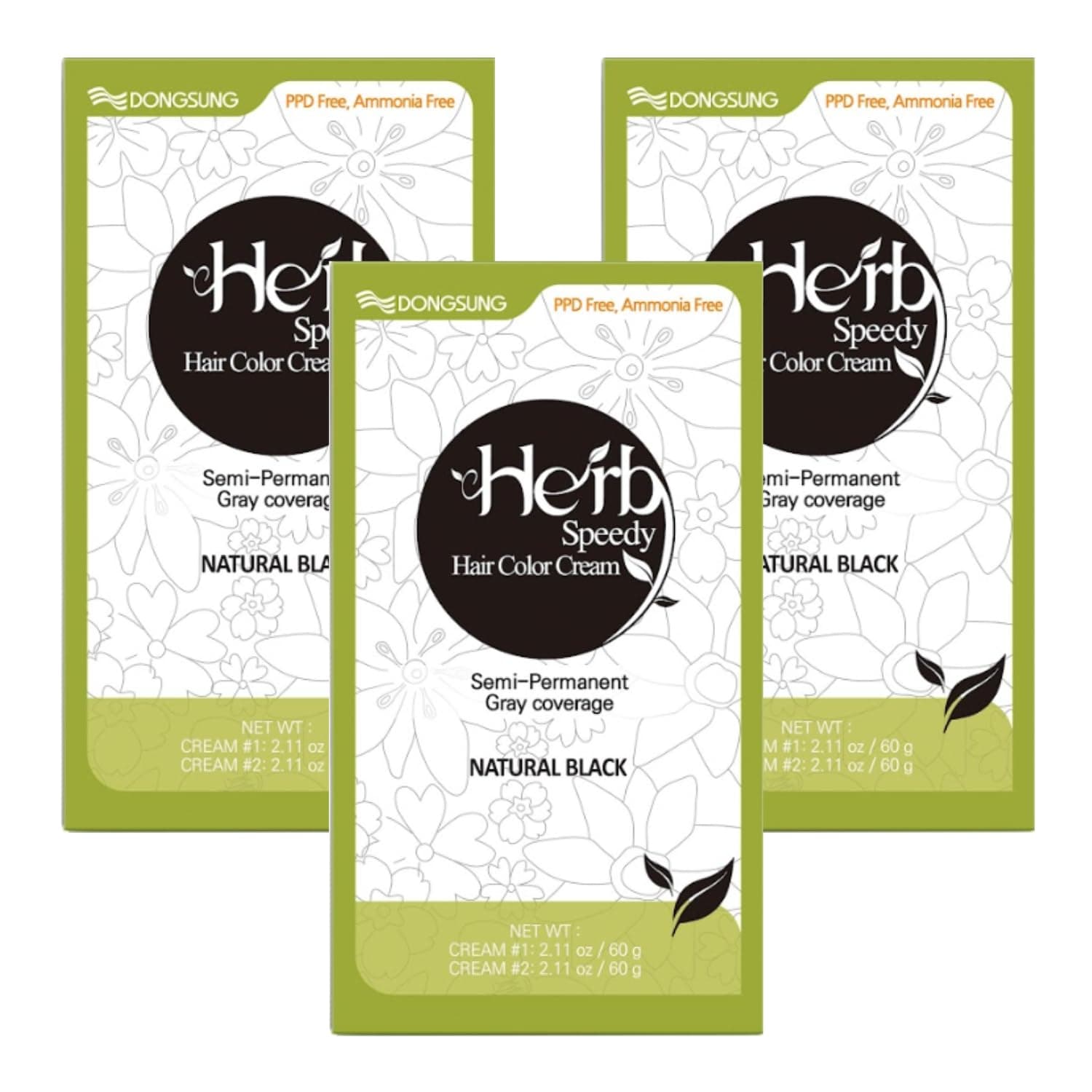 Dongsung Herb Speedy Color Cream (Natural Black, 3 Pack), PPD-Free Ammonia-Free Vegan Gray Coverage Hair Dye with Sun Protection, Odorless, Gentle for Sensitive Scalp, No Eye or Scalp Irritation