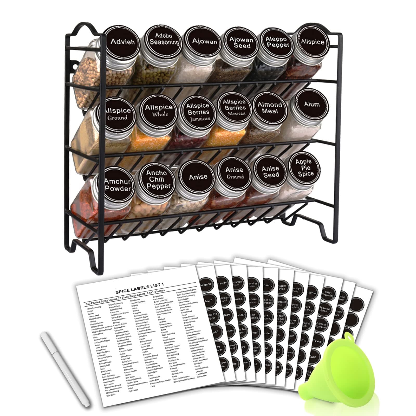SWOMMOLY Spice Rack Organizer with 18 Empty Square Spice Jars, 396 Spice Labels with Chalk Marker and Funnel Complete Set, Spice Organizer for Countertop, Cabinet or Wall Mount, Black