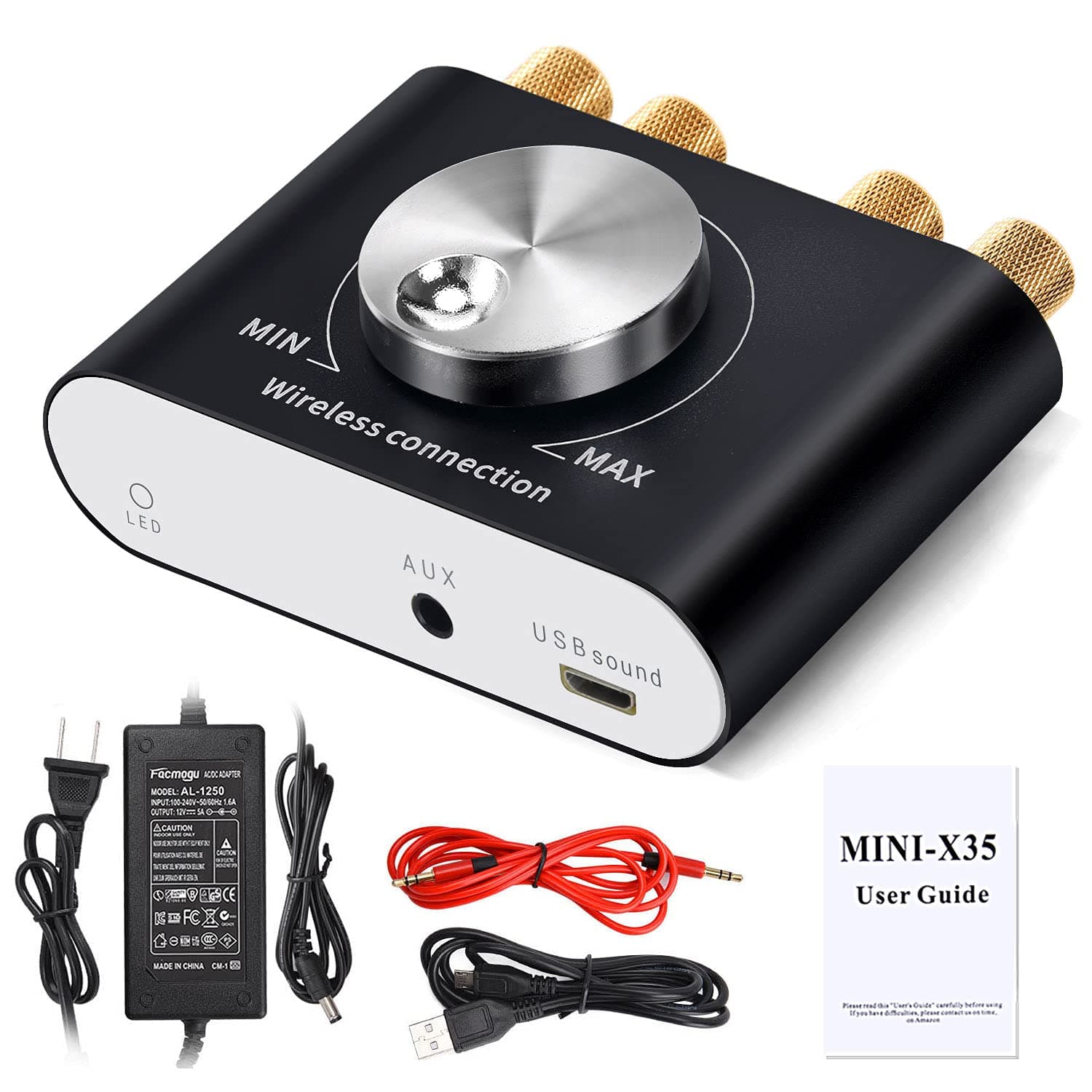 Facmogu X35 Black Mini Power Amplifier 50W+ 50W with Power Supply Adapter DC 12V 5A, Bluetooth 5.0 Digital Audio Amplifier 100W 2 Channels HiFi Amp