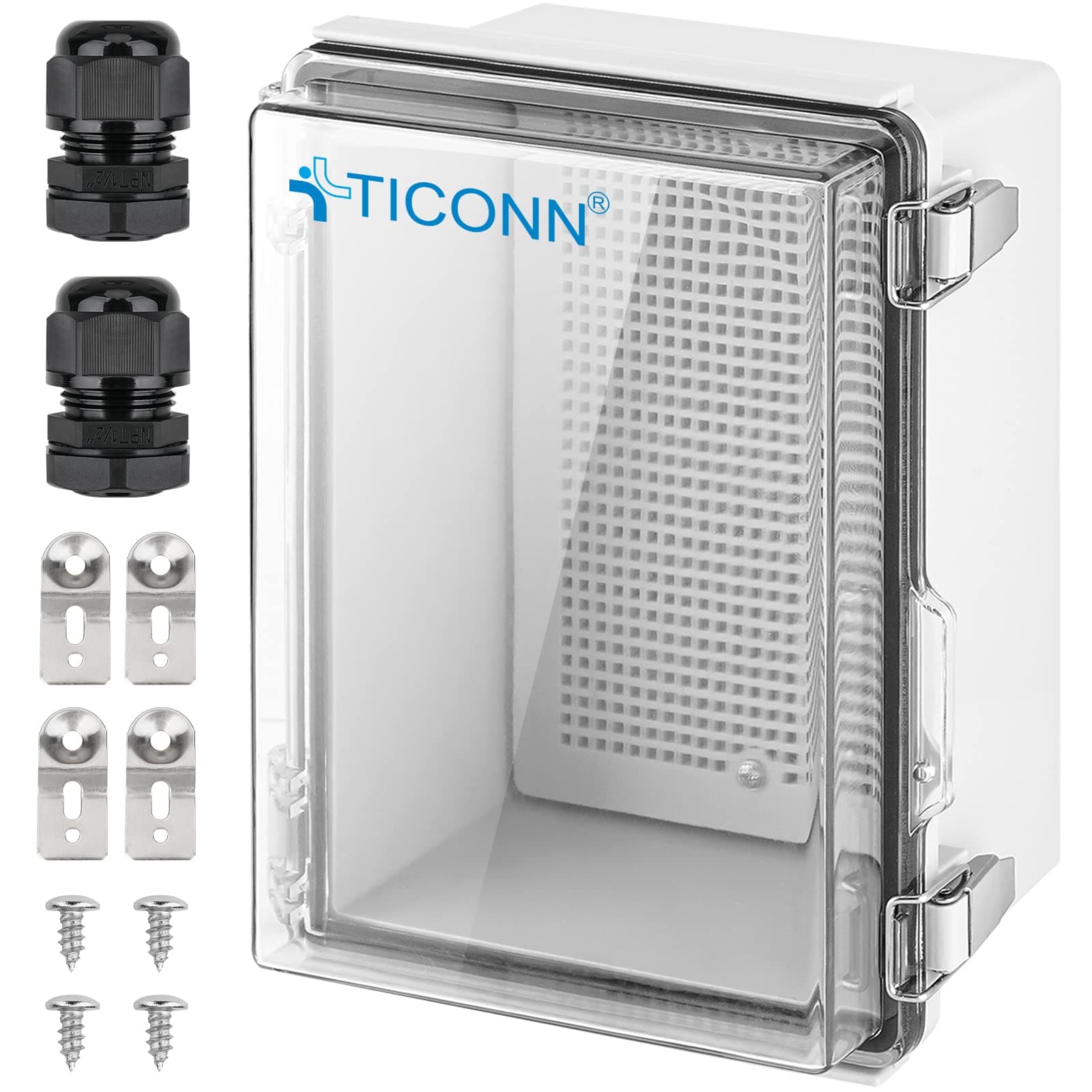 TICONN Waterproof Electrical Junction Box IP67 ABS Plastic Enclosure with Hinged Cover Mounting Plate, Wall Bracket, Cable Gland (Clear, 8.7"x6.7"x4.3")