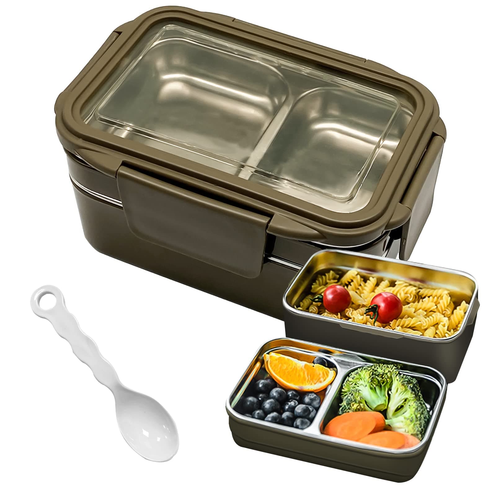 Bento Lunch Box for Adults & kids, Reusable Stainless Steel Meal Box, Leakproof Food Storage Containers with 2 Layers Divders,Suitable Freezer Dishwasher,Healthy Lunches & Snacks - Green