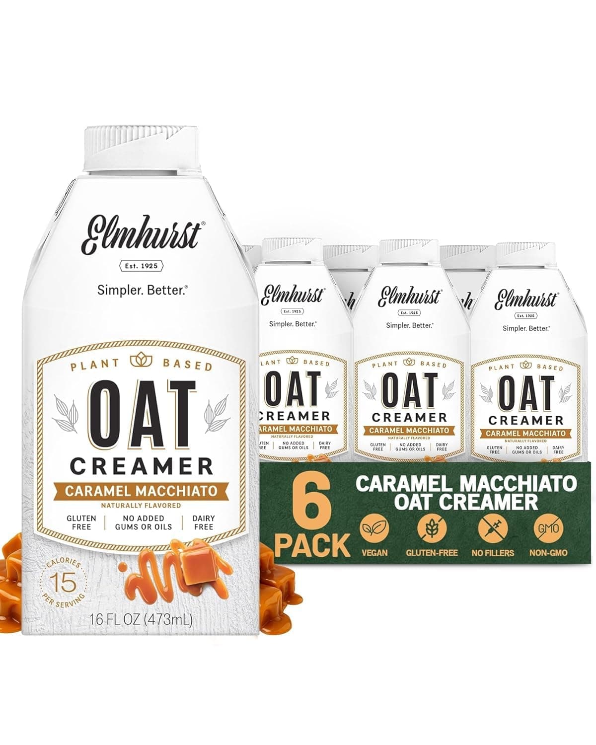 1925 Caramel Macchiato Oat Creamer - 16 Ounce (Pack of 6) Dairy-Free, Vegan, Kosher, Low Sugar, Shelf Stable Creamer Made with Oat Grains & Caramel for Simpler Plant Based Alternatives