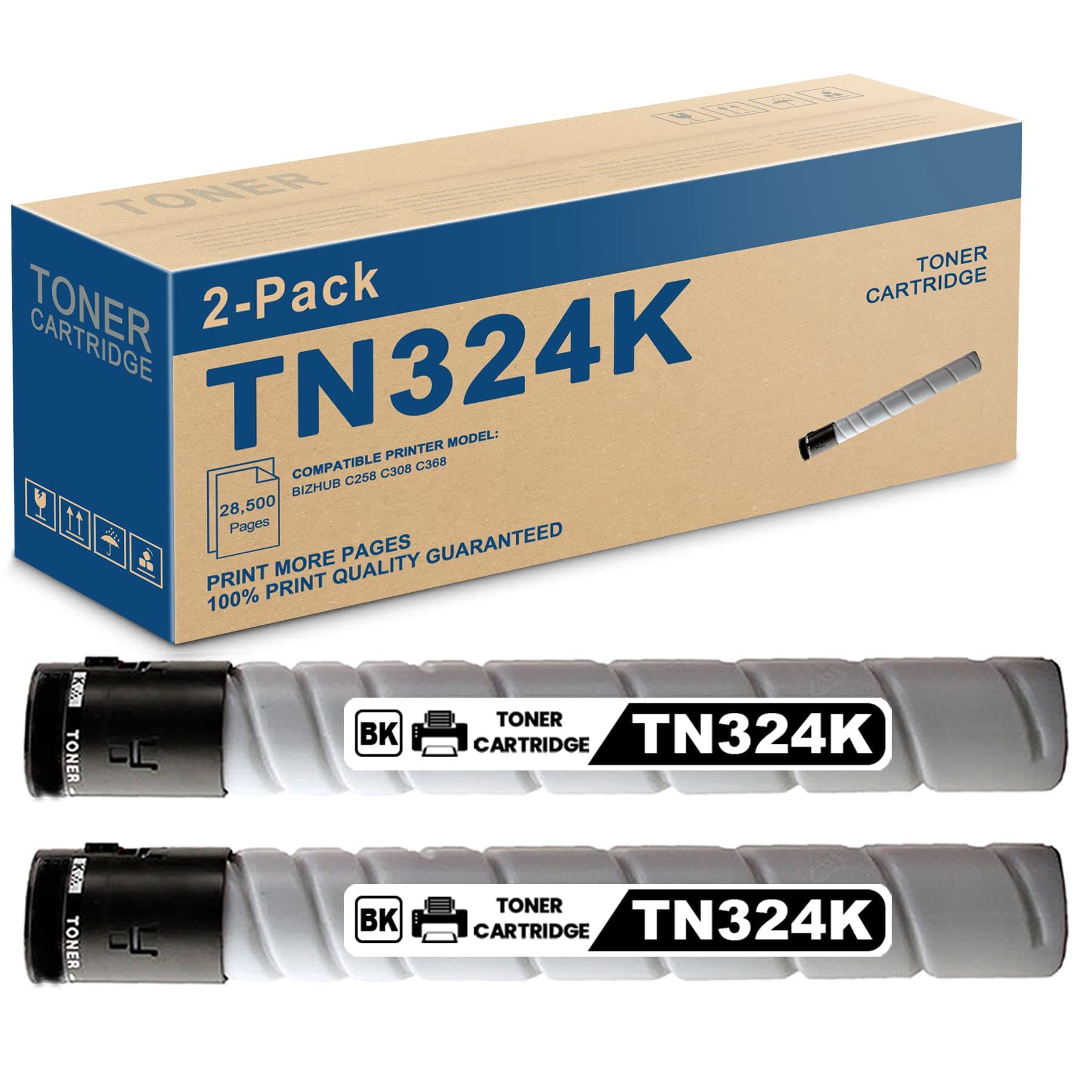 TN324 Black Toner Cartridge 2 Pack - Compatible TN324K | A8DA130 Toner Cartridge Replacement for Konica Minolta Bizhub C258 C308 C368 Printer