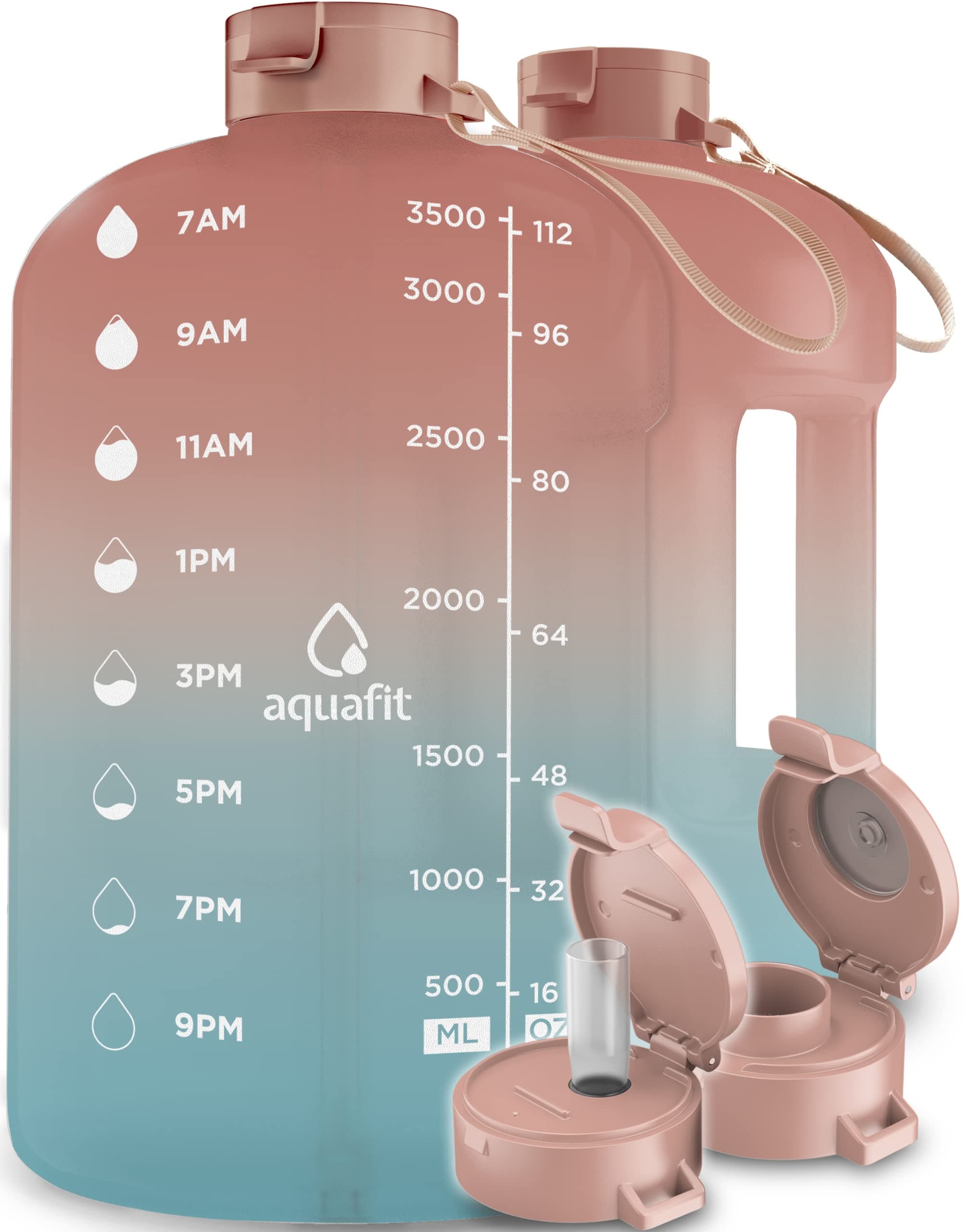 AQUAFIT 1 Gallon Water Bottle With Time Marker - 128 oz Water Bottle With Straw - Gym Water Bottle With Strap - Big Water Bottle - Reusable Water Bottles With Straw - Large Water Bottle With Handle