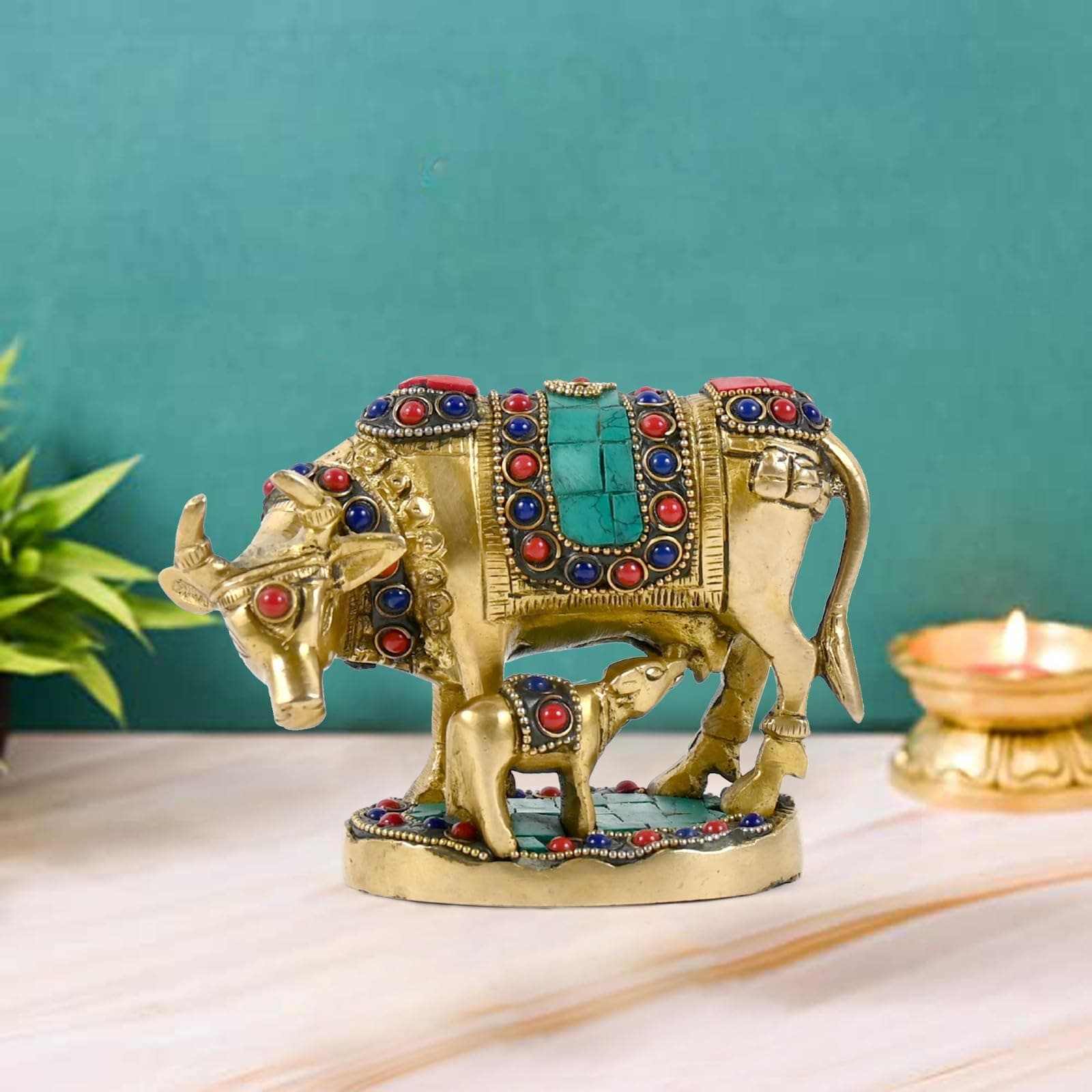 Multicolor Beautiful Brass Kamadhenu Cow with Calf Idol 900Gm, Product Dimensions - 5.5x2.5x4 Inches, Idol