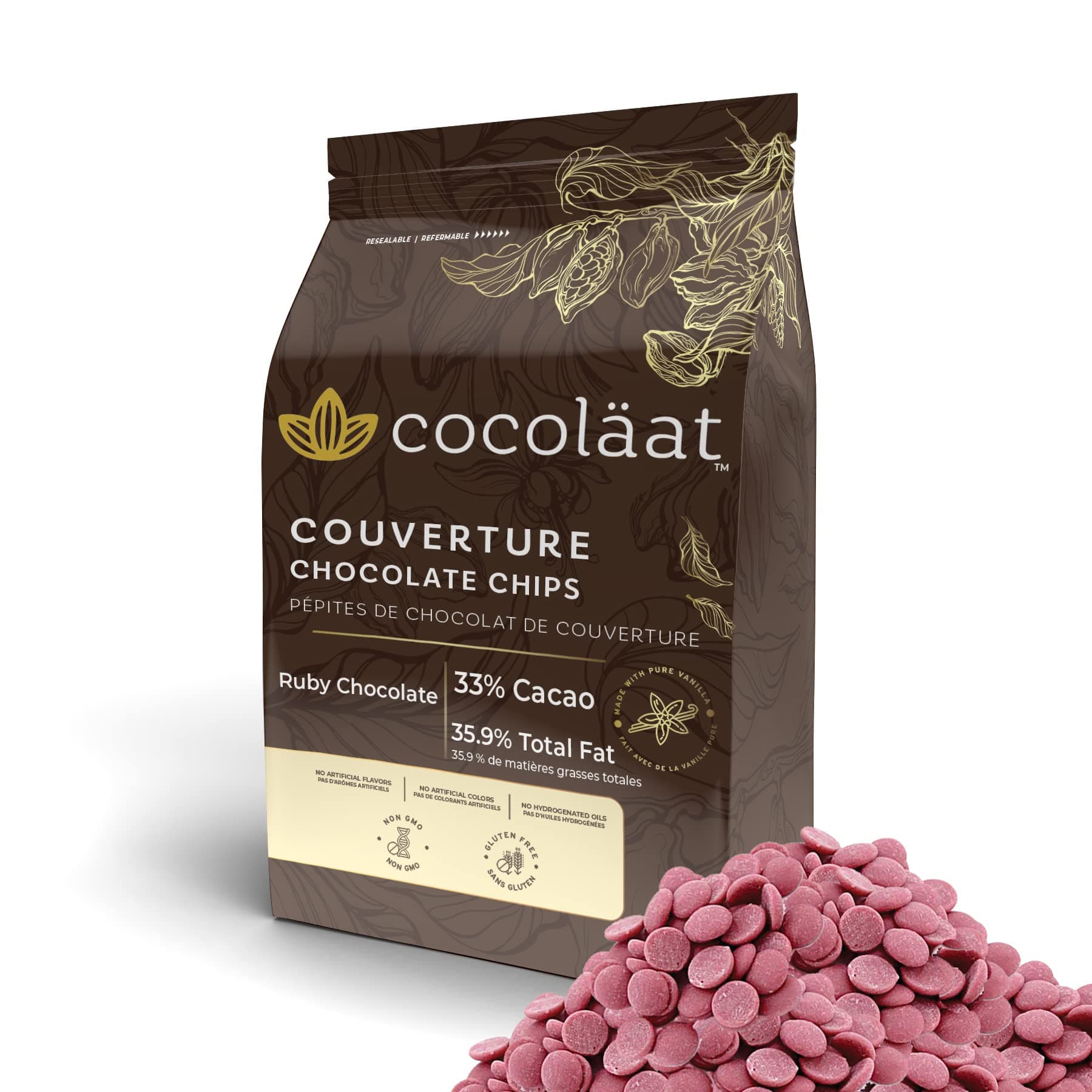 Cocolaat Ruby Chocolate Chips | For Snacking, Baking, or Melting | Crafted from the Ruby Cocoa Bean, No Colourants, No Fruit Flavorings | Ruby Couverture Chocolate Wafers | 2 Pound