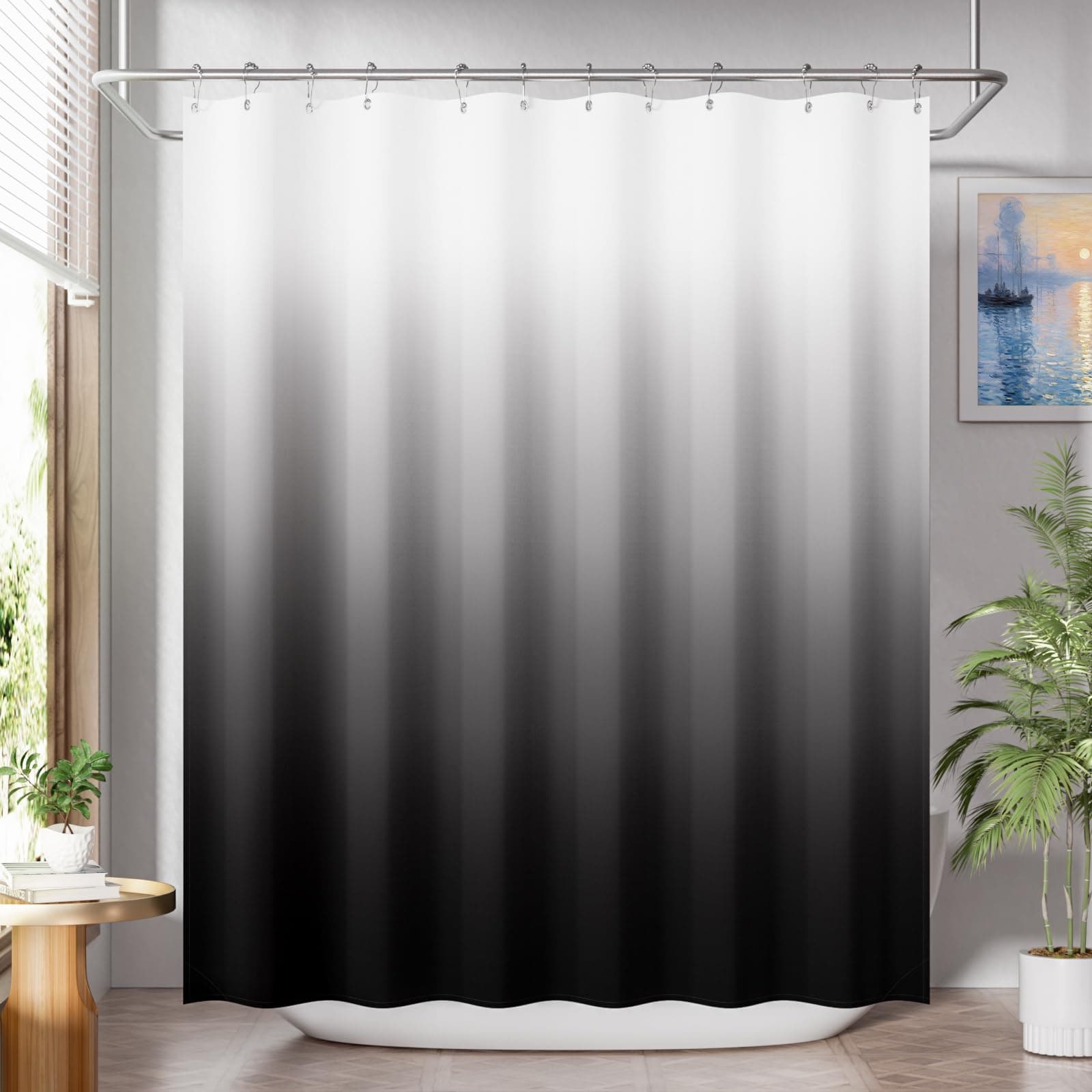 AmazerBath Ombre Black Shower Curtain Set With 12 Hooks, Washable Fabric Black and White, Rustic Farmhouse Bathroom Decor, 180 x 180 cm