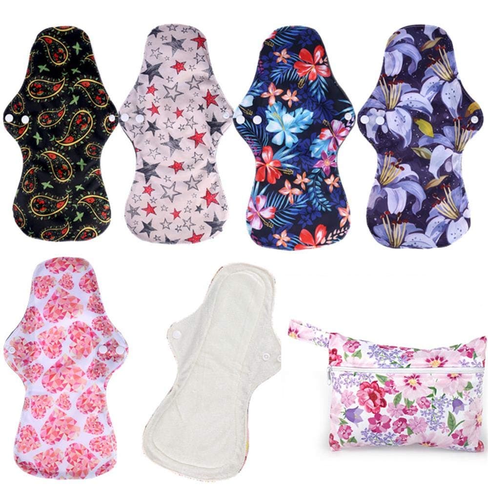 5 Pack Organic Bamboo Heavy Flow Cloth Sanitary Menstrual Pads Sets Include 1 Pack Mini Bag