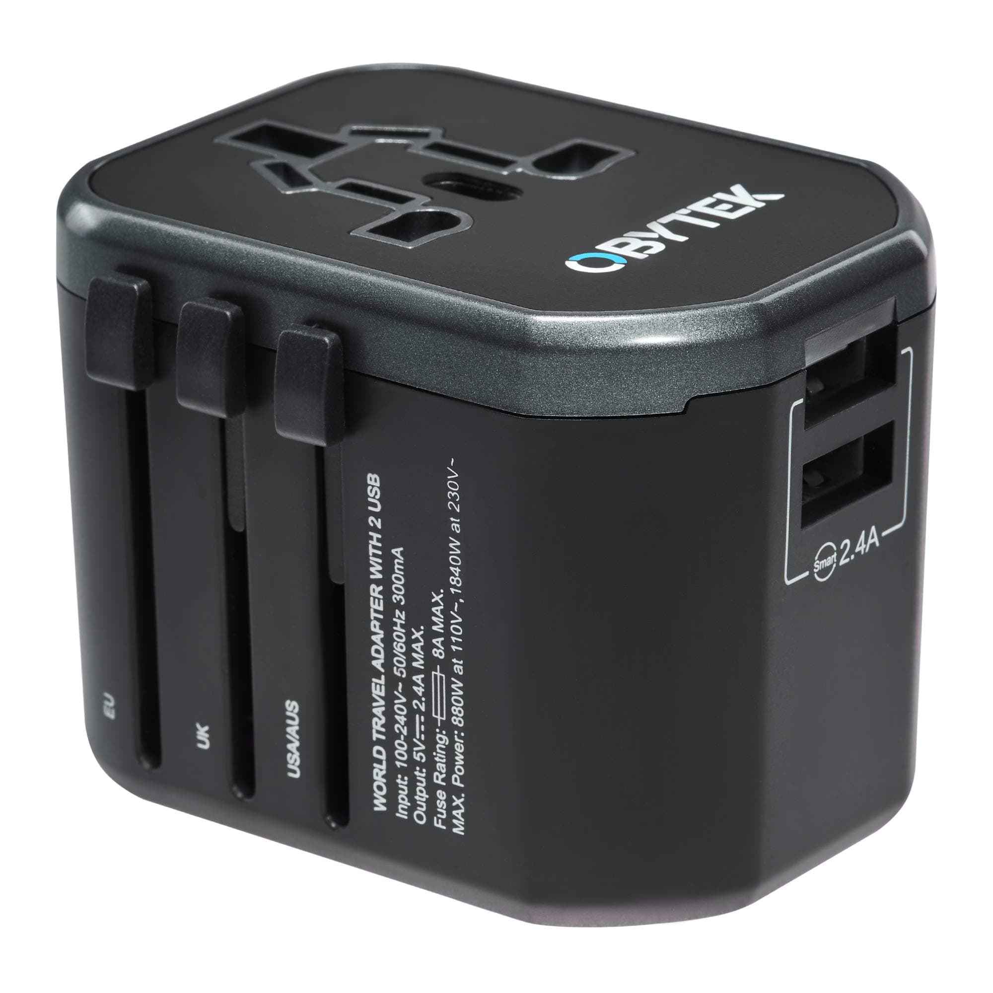 Portable Universal Travel Power Adapter Plug 2.4A - 2 x Fast-Charge USB Ports - Safe and Fireproof - International Wall Charger Adapter for Smartphone, Tablet and All Devices - Works in US/UK/EU/AU