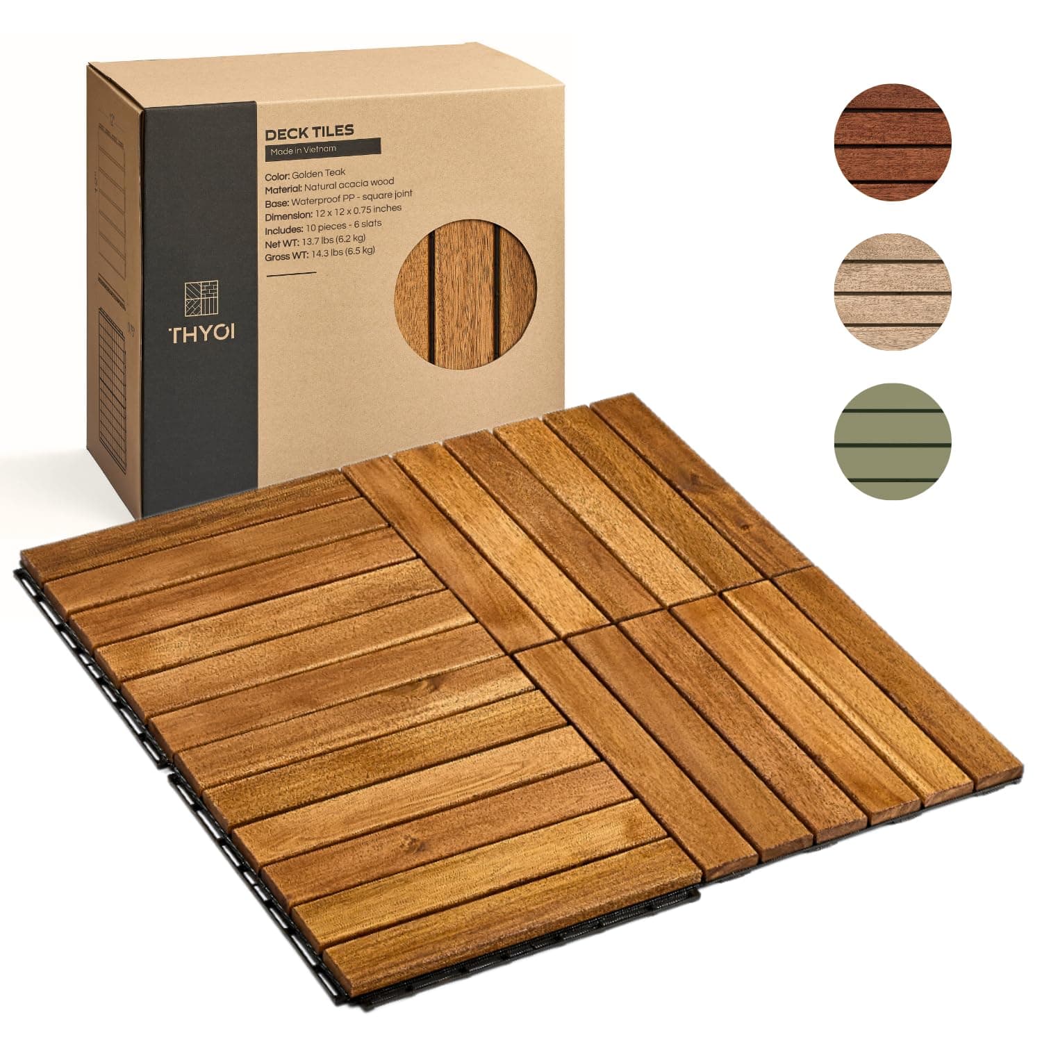 THYOI 10 Pcs Wood Deck Tiles Square Joint Golden Teak Colour 6 Slats Size 12” x 12”