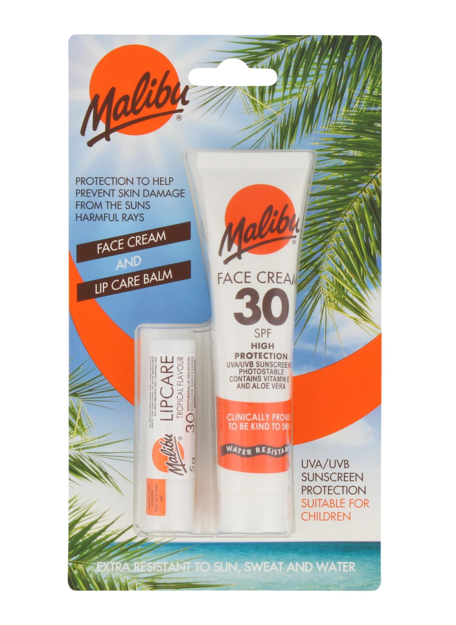 Malibu Sun SPF 30 Face Cream and SPF 30 Lip Balm Duo, High Protection Sun Cream, Water Resistant, Vitamin Enriched, 2 pack