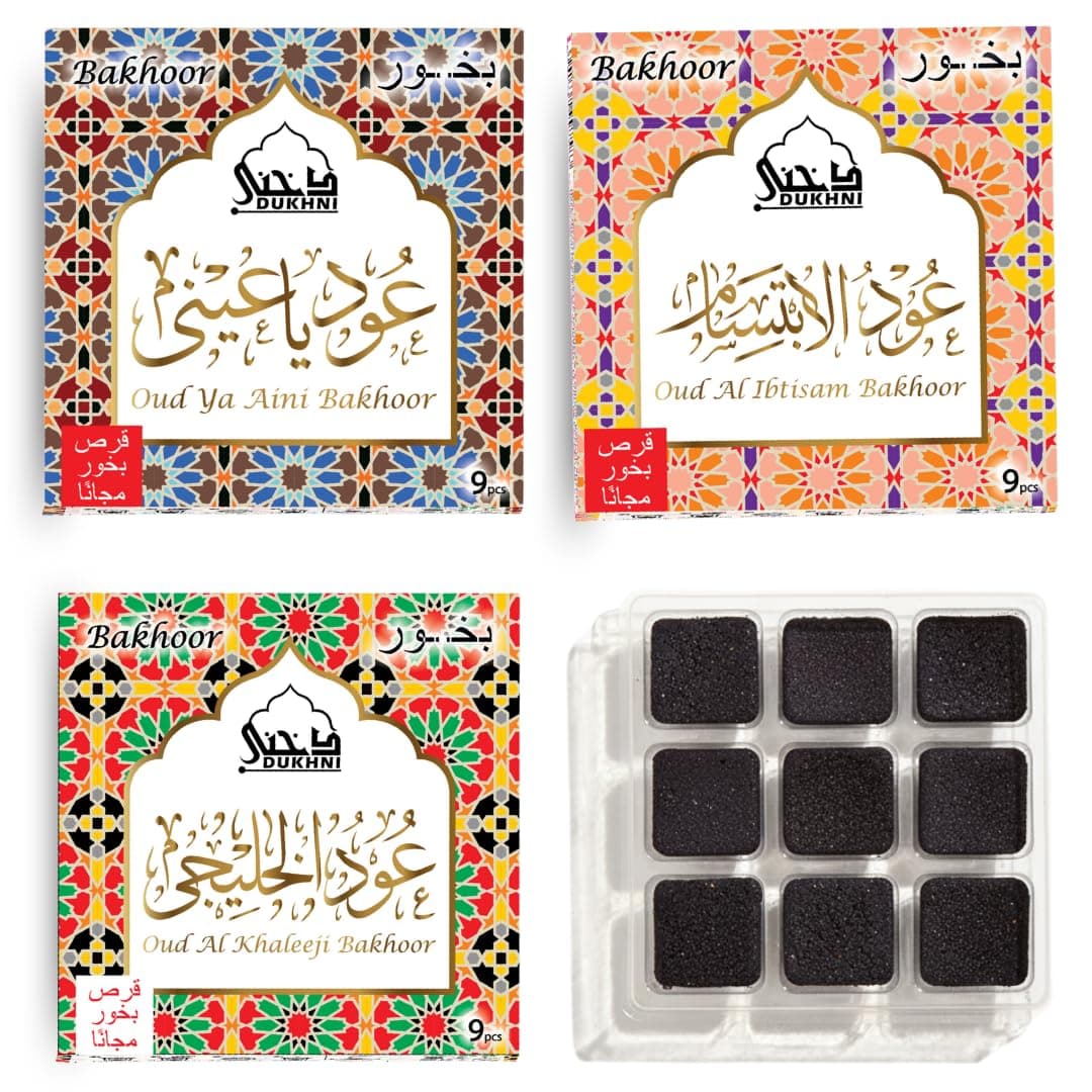 Oud Ya Aini, Oud Al Khaleeji, Oud Al Ibtisam Bakhoor by Dukhni | 3 x 9 Piece Each | Assorted Arabic Bakhoor Incense | Perfect to Relax, Meditate & Pray | Rich, Luxurious, Long Lasting