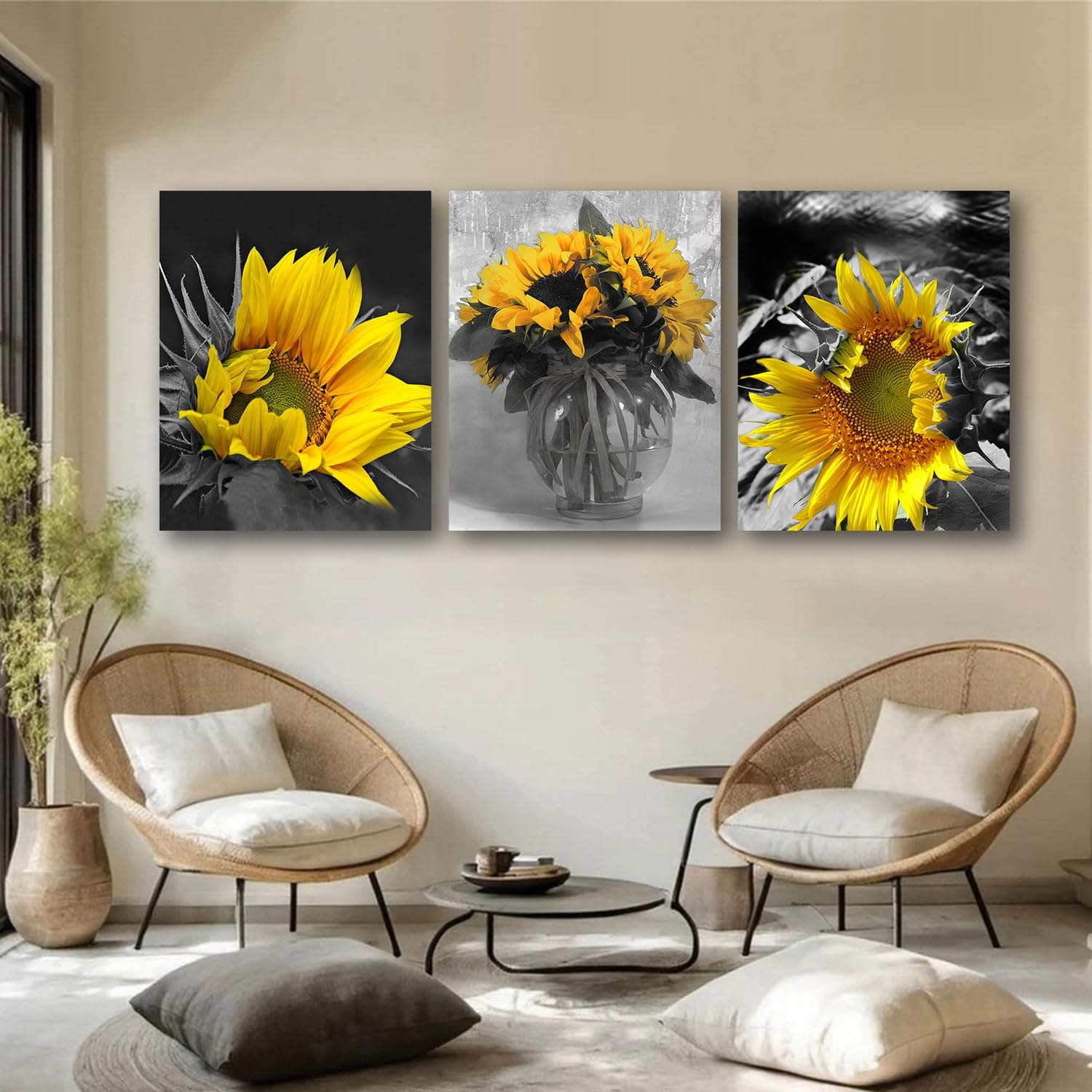 Ardemy Sunflower Painting Canvas Wall Art Yellow Flowers Prints, Florals Black White Modern Pictures Framed for Bedroom Bathroom Living Room Spa Salon Home Office Wall Decor, 12"x16"x3 Panels