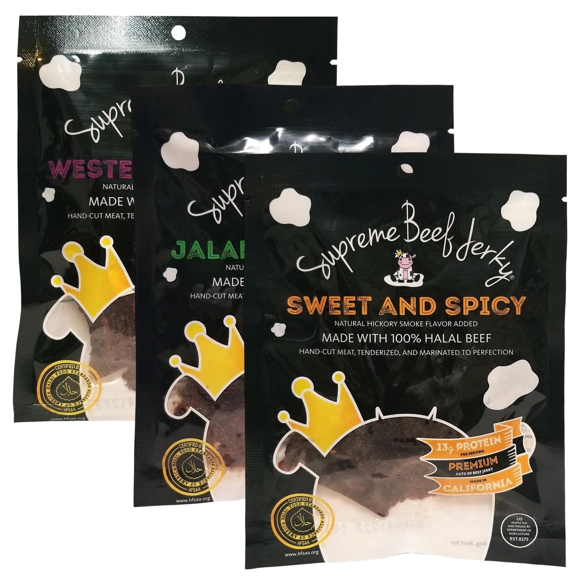 Supreme Beef Jerky, Halal Beef Jerky, Zabiha Halal Certified Beef, Handcrafted Gourmet Meat Snacks, 2.5 oz, Sweet and Spicy, Jalapeno Garlic and Western Teriyaki, 2.5 Ounce B2G1 3-Pack